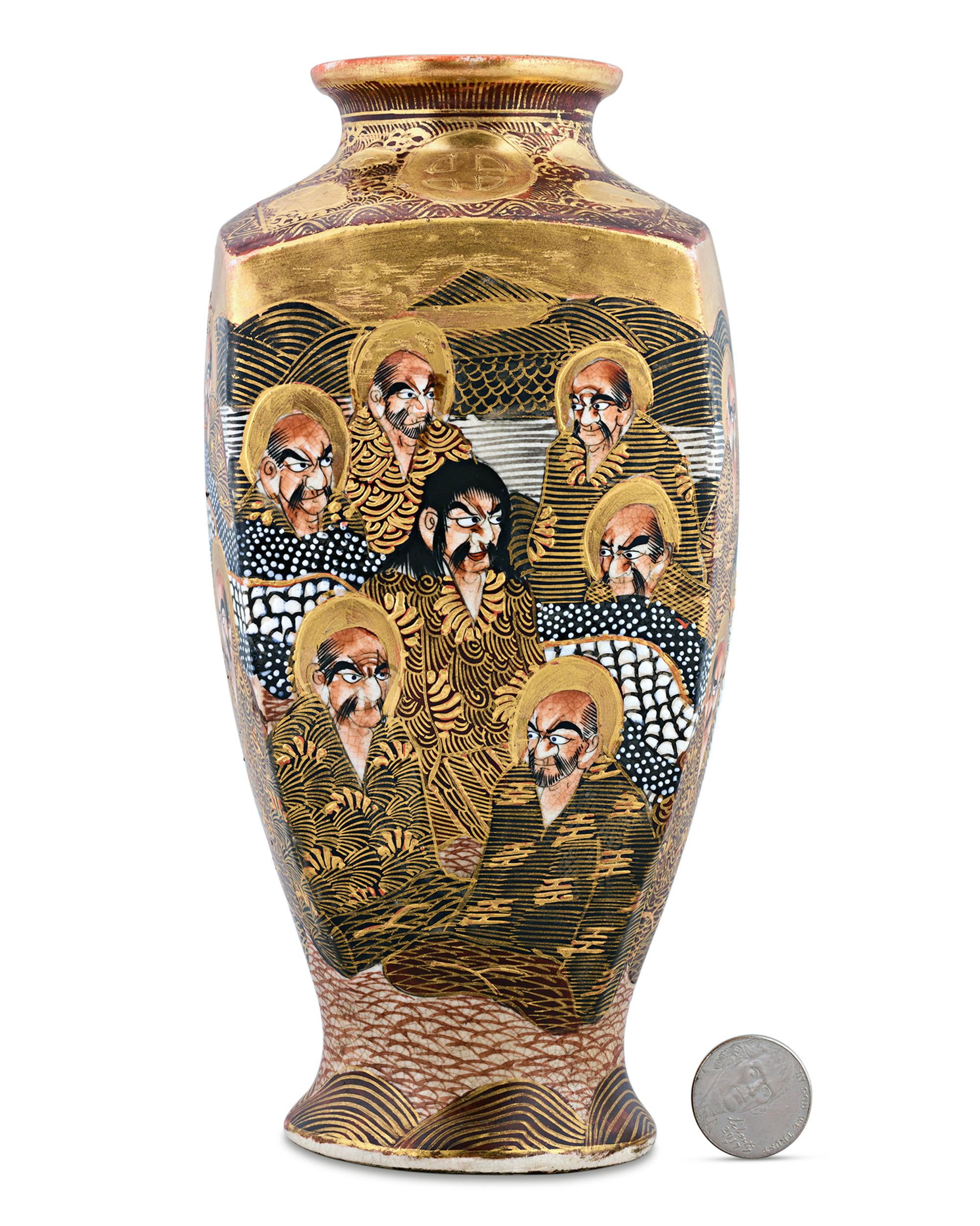 Japanese Square Form Satsuma Vase with Monks For Sale