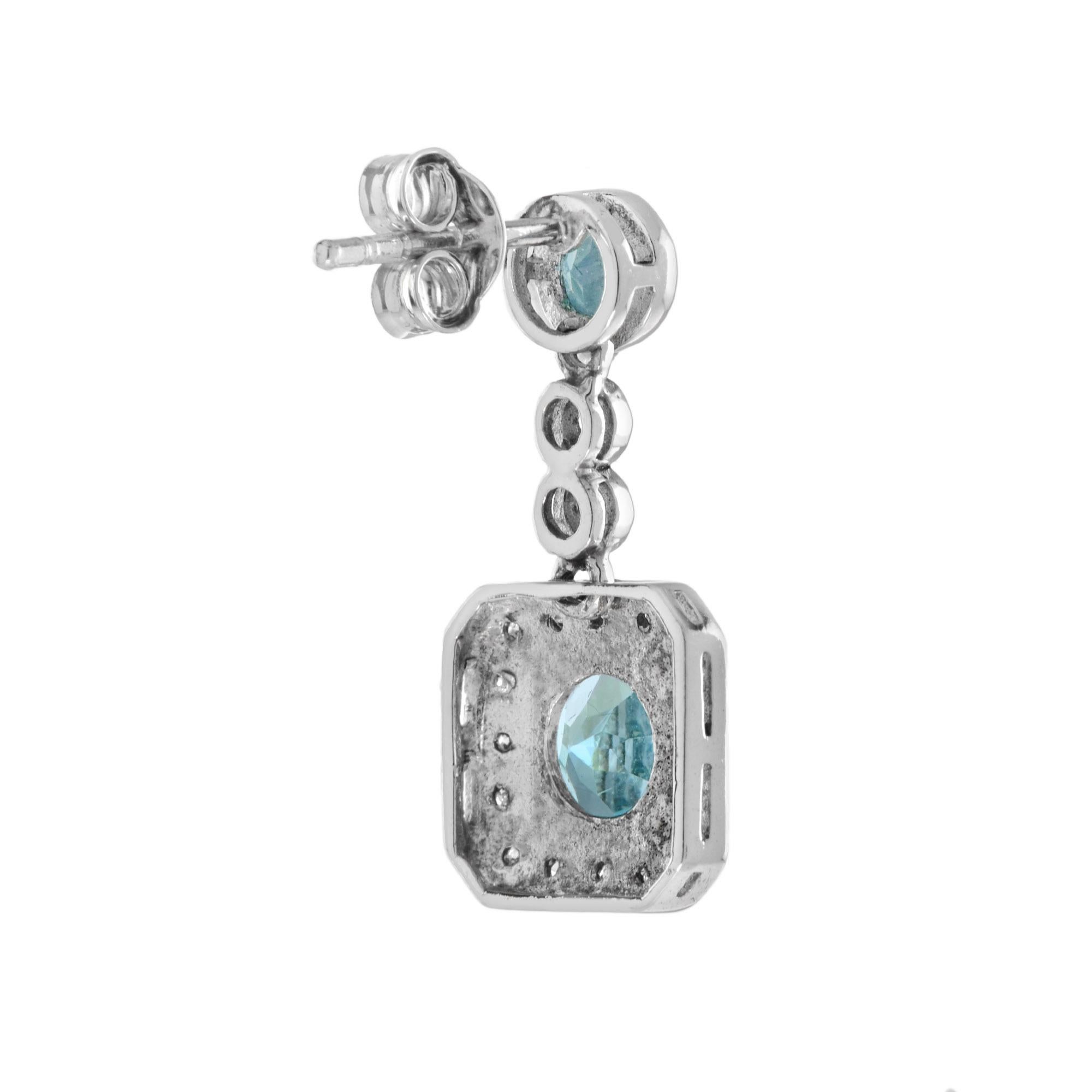 Art Deco Square Frame Blue Topaz & Diamond Halo Set 14K White Gold Drop Earrings For Sale