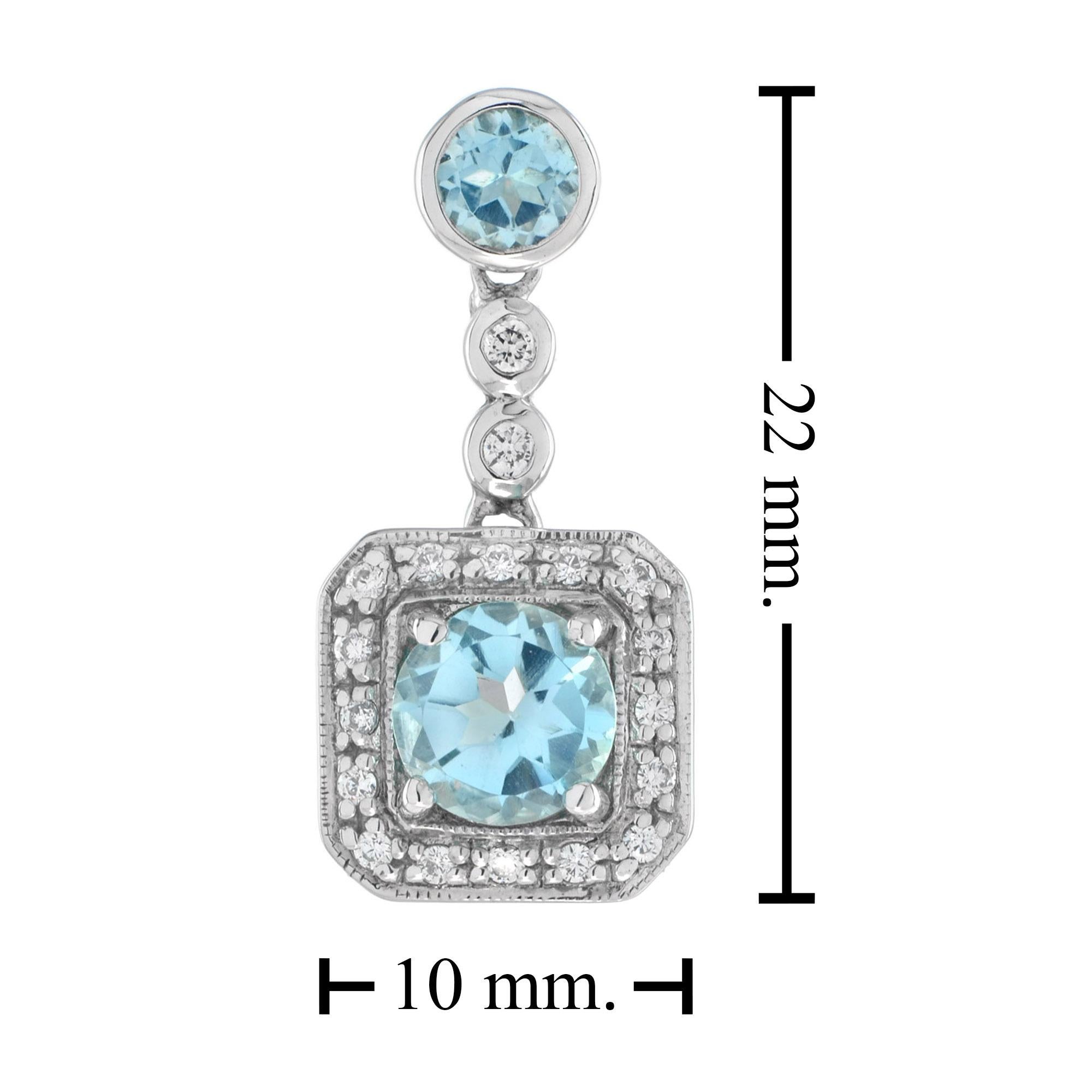 Round Cut Square Frame Blue Topaz & Diamond Halo Set 14K White Gold Drop Earrings For Sale