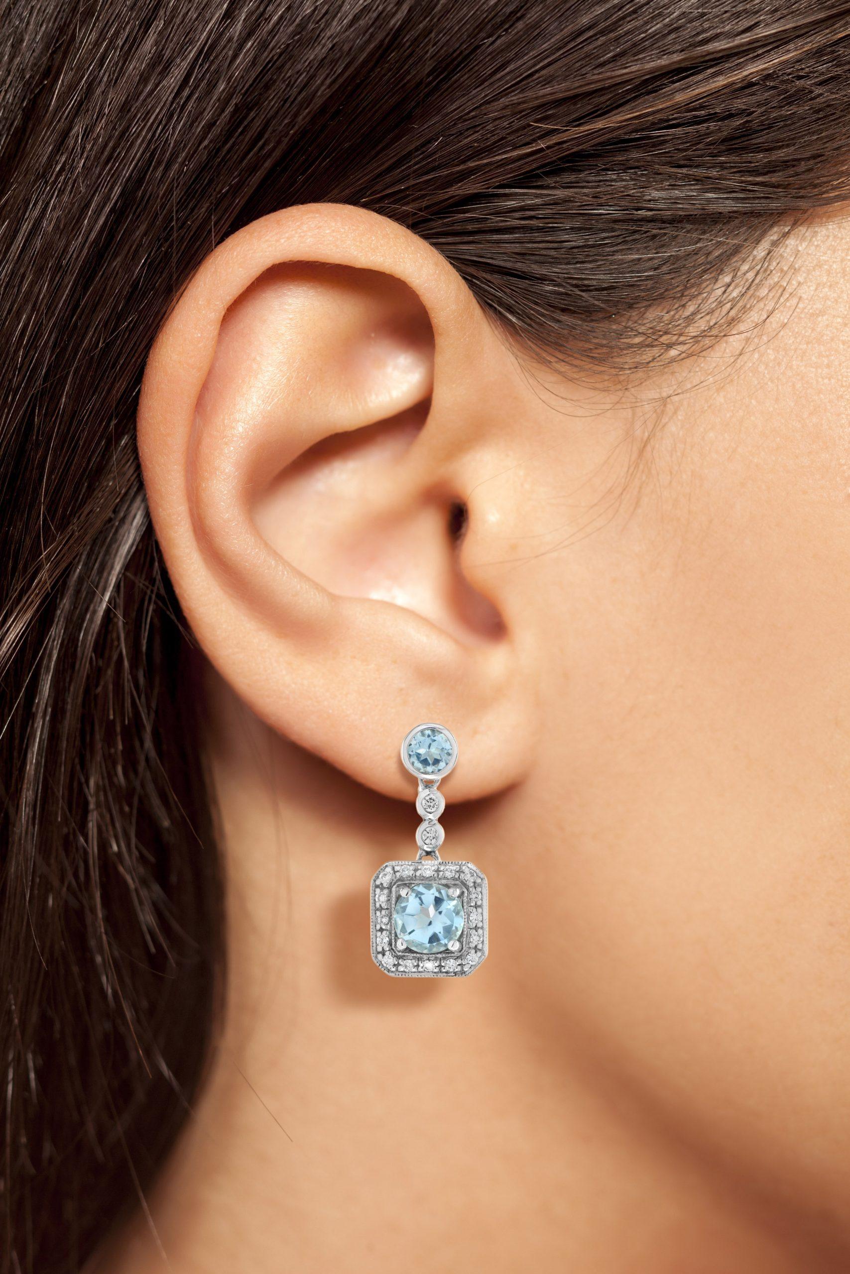 Square Frame Blue Topaz & Diamond Halo Set 14K White Gold Drop Earrings In New Condition For Sale In Oakton, VA