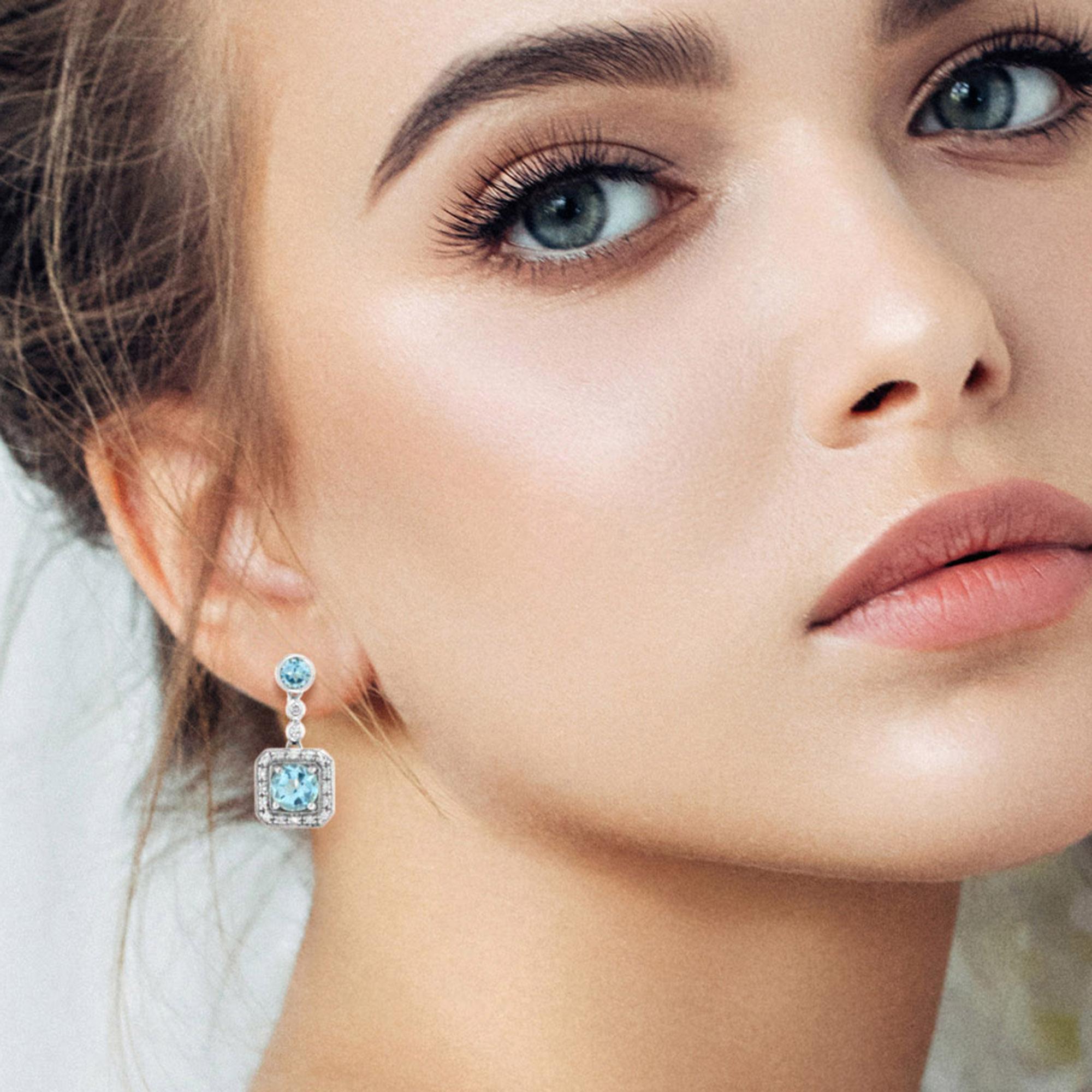 Women's Square Frame Blue Topaz & Diamond Halo Set 14K White Gold Drop Earrings For Sale