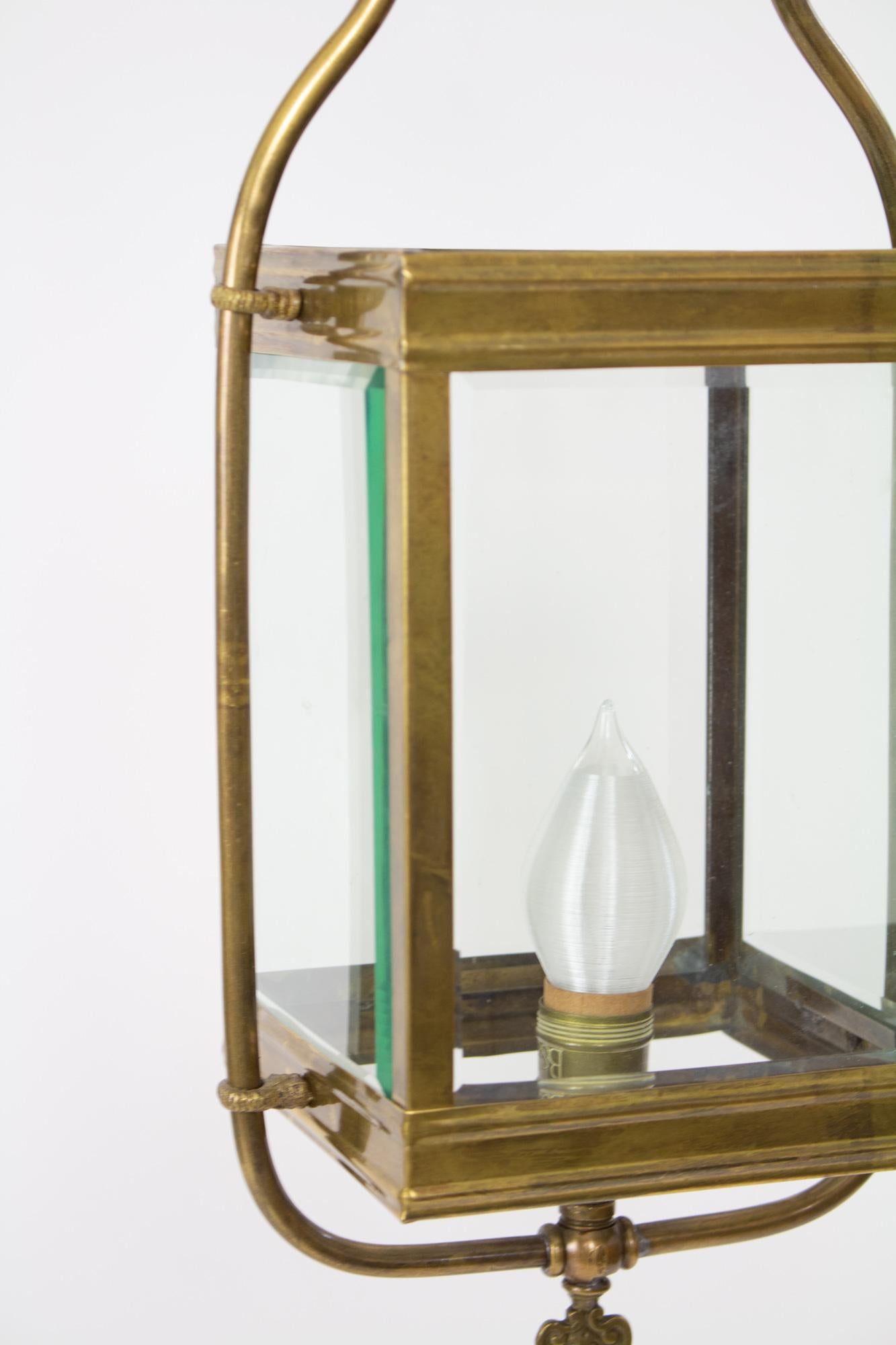 19th Century Square Gas Lantern with Clear Beveled Glass For Sale