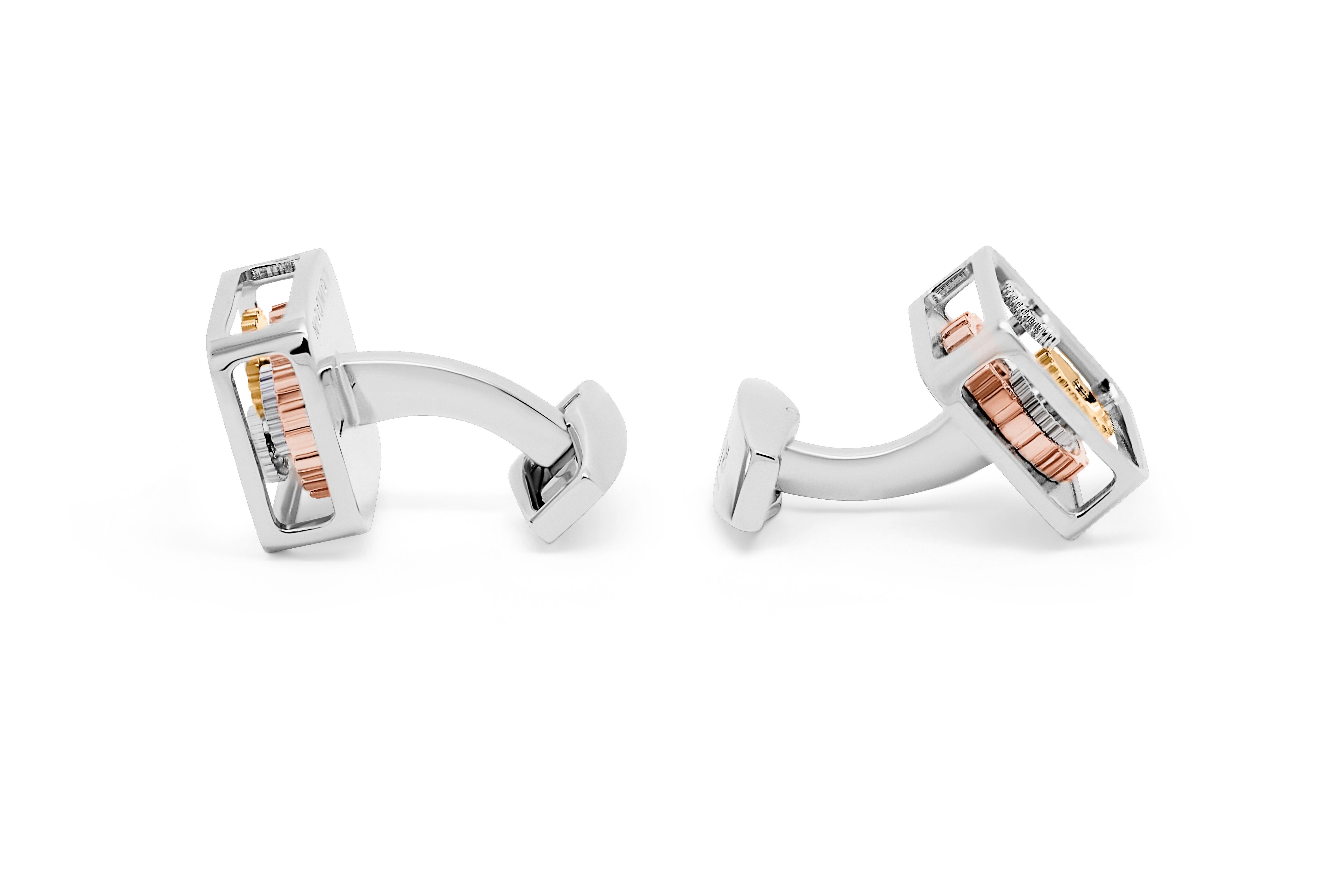 Inspired by mechanical watches movements, this timeless square shape cast in palladium-plated finish, frames 5 individual multi-coloured gears, 3 of which rotate by touch. Decorate your sleeve with our most iconic cufflinks collection and a fun