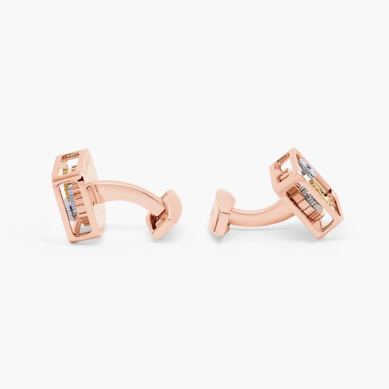 Square Gear cufflinks in rose gold plated stainless steel

Inspired by mechanical watches movements, this timeless square shape in rose gold-coloured base metal, frames 5 individual multi-coloured gears, 3 of which rotate by touch. Decorate your