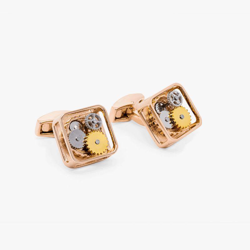Men's Square Gear Cufflinks in Rose Gold Plated Stainless Steel For Sale