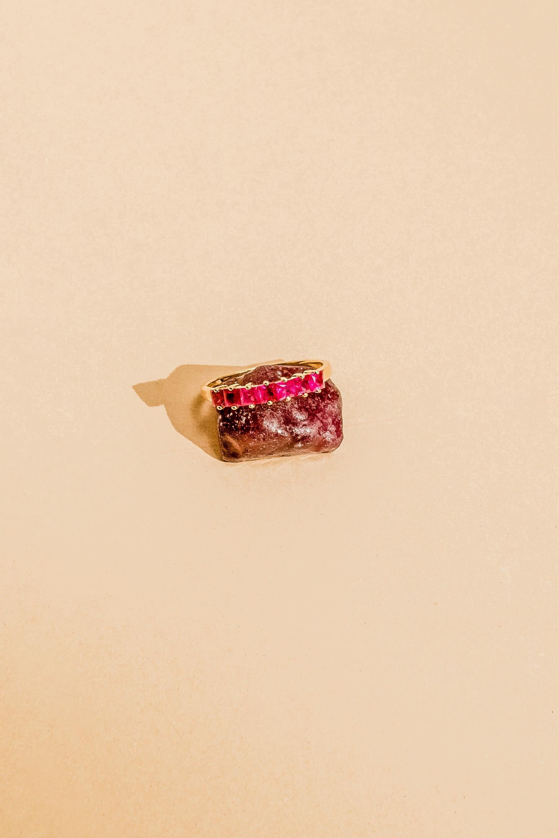 Square Gemstone Ring, Princess Cut Gemstone Band, 18k Solid Gold Gemstone Band  For Sale 9
