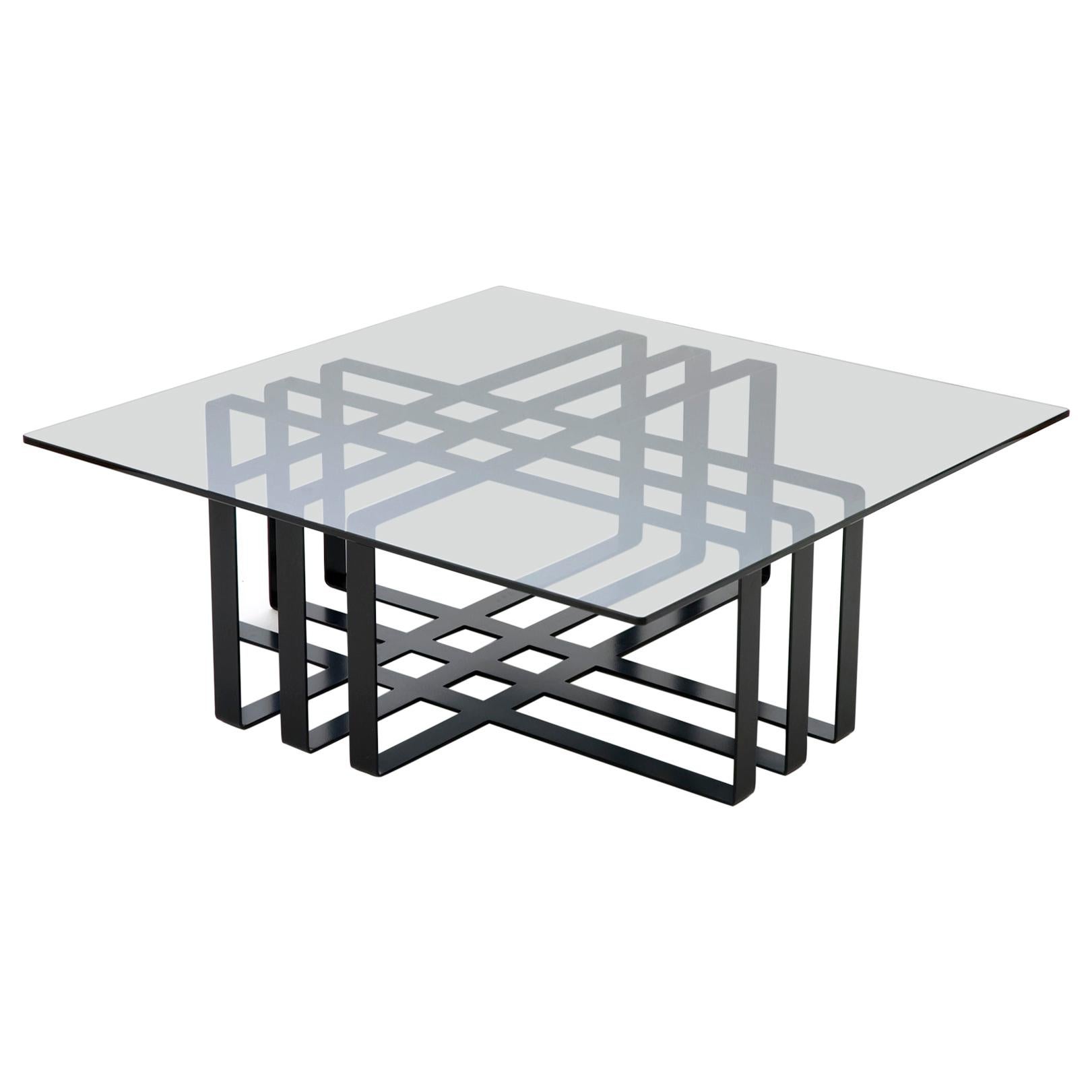 Black Modern Sculptural Metal Coffee Table With Glass Top In Stock