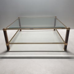 Square Gilt 2-Tiers Coffee Table with a Burr Walnut Color by Pierre Vandel 1970s