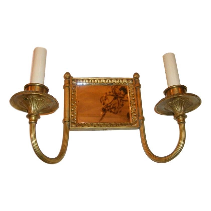 Square Gilt Metal Sconces with Mirror Back  In Excellent Condition For Sale In New York, NY
