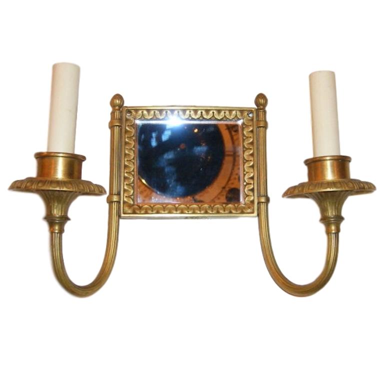 20th Century Square Gilt Metal Sconces with Mirror Back  For Sale