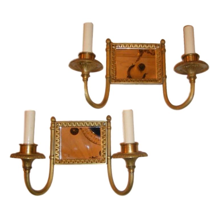 French Square Gilt Metal Sconces with Mirror Back  For Sale