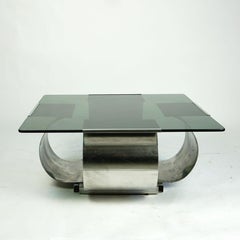 Square Glass and Steel Coffee Table by Francois Monnet, France, 1970s