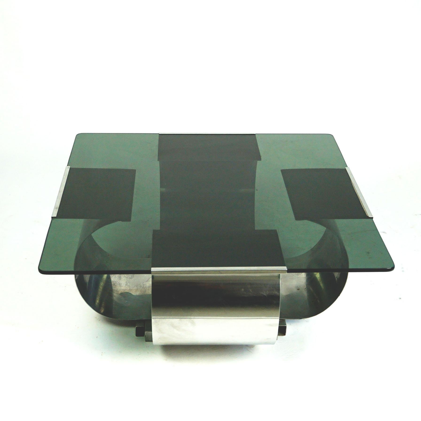 Space Age Square Glass and Steel Coffee Table by Francois Monnet, France, 1970s