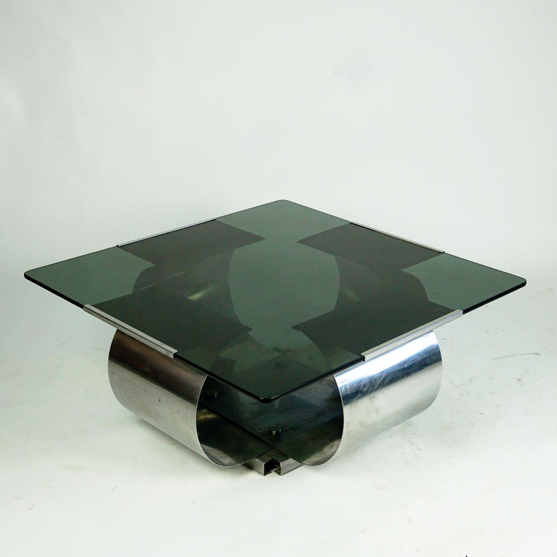 French Square Glass and Steel Coffee Table by Francois Monnet, France, 1970s