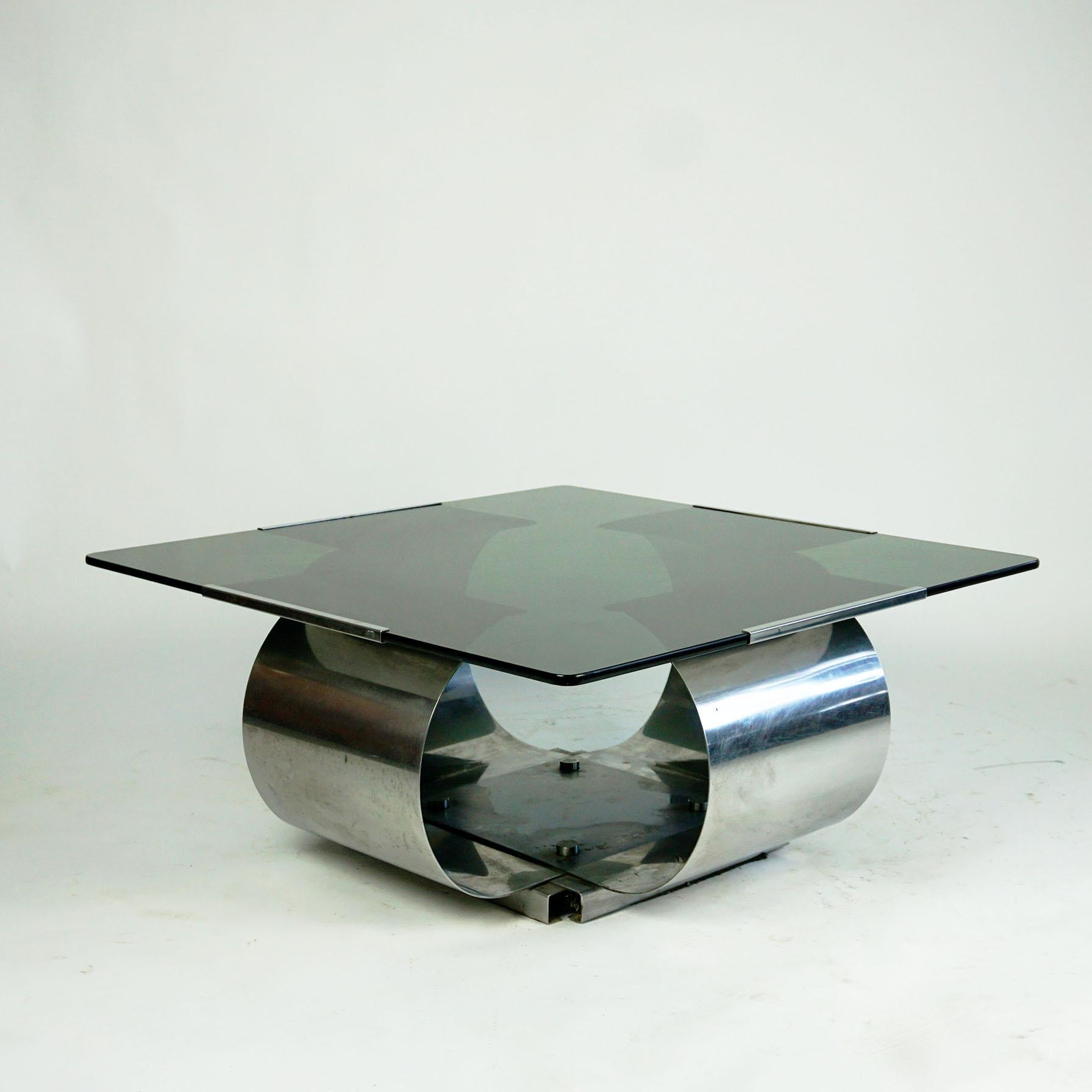 Brushed Square Glass and Steel Coffee Table by Francois Monnet, France, 1970s