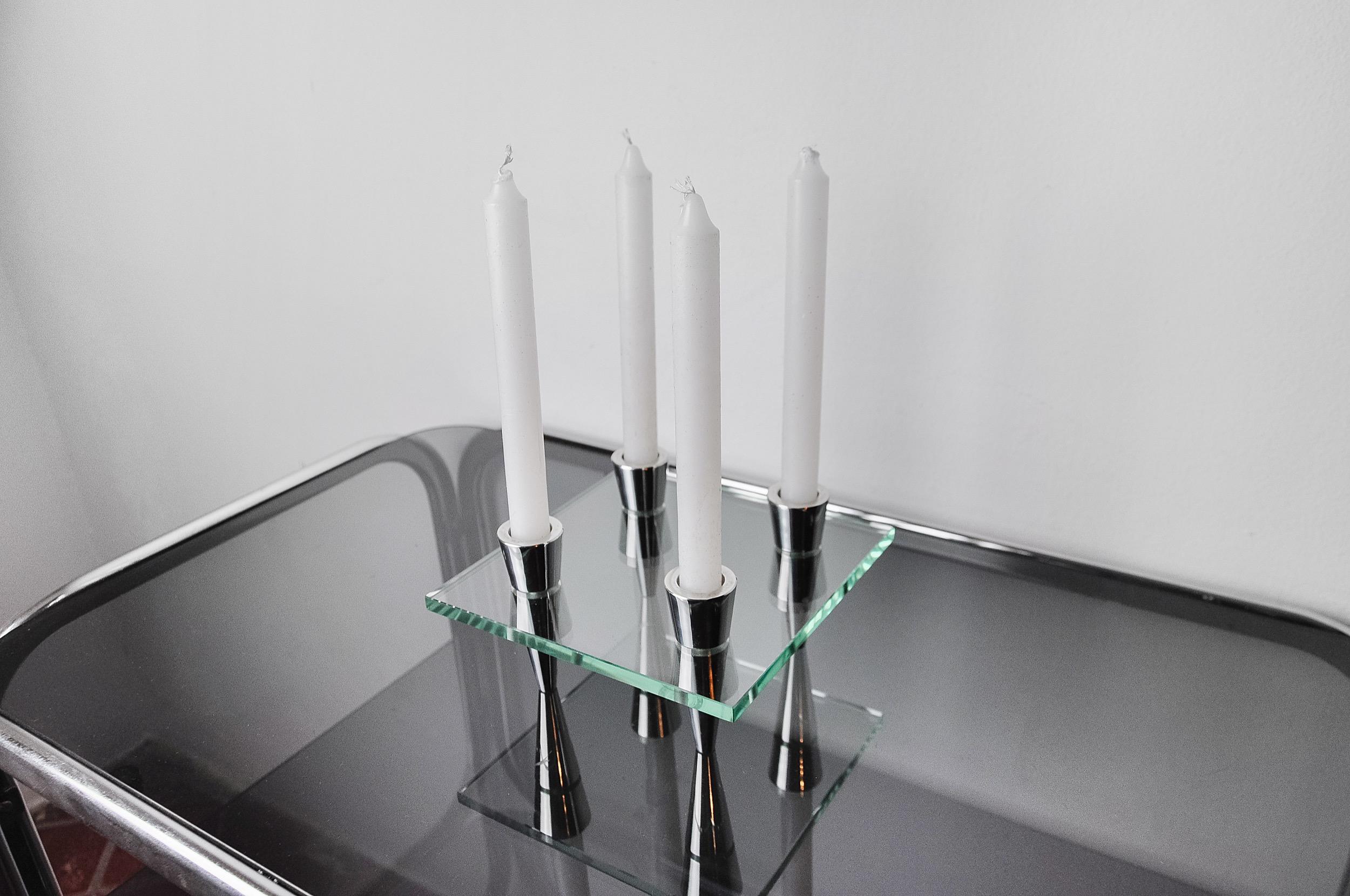 Hollywood Regency Square Glass Candleholder, 4 Flames, Denmark, 1970 For Sale