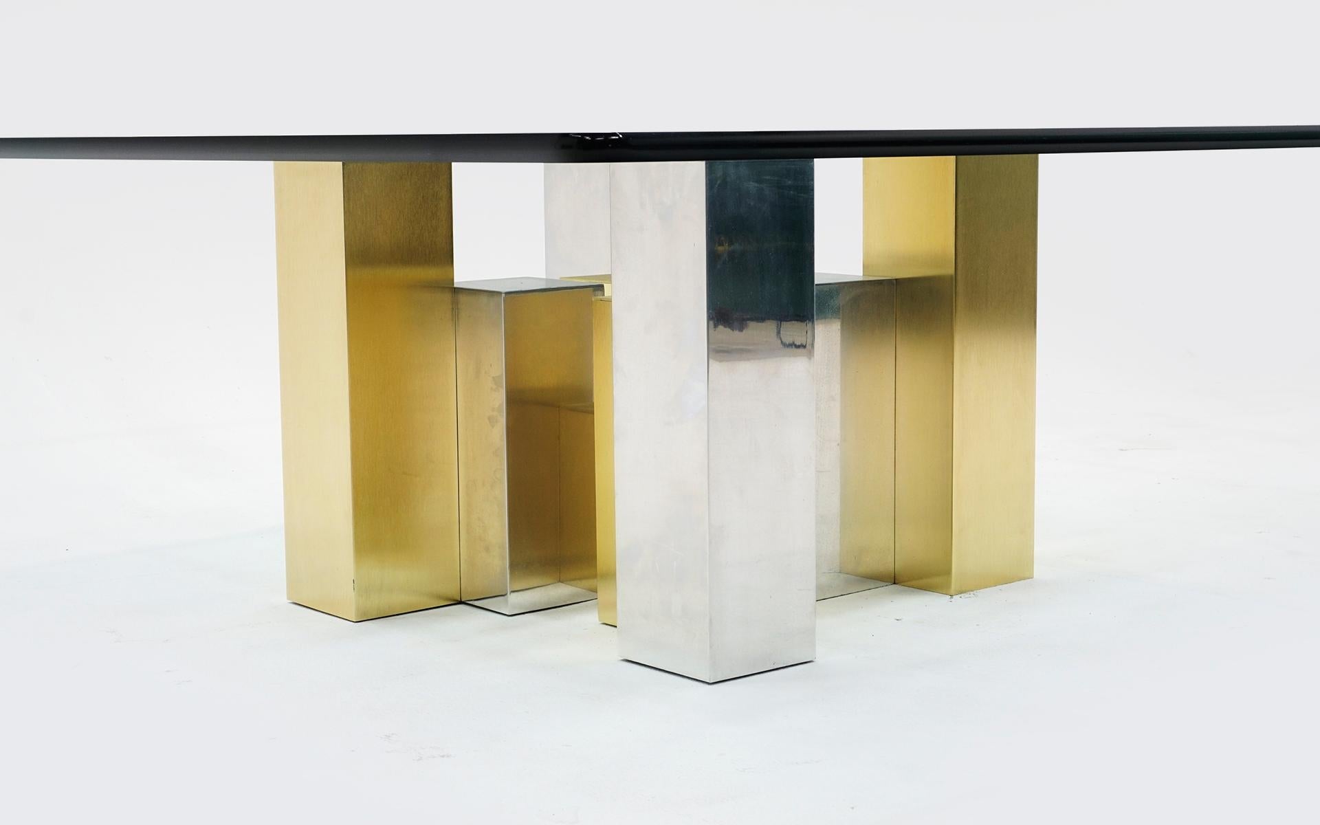 American Square Glass Coffee Table with Brushed Brass and Chrome Base, Paul Evans Style