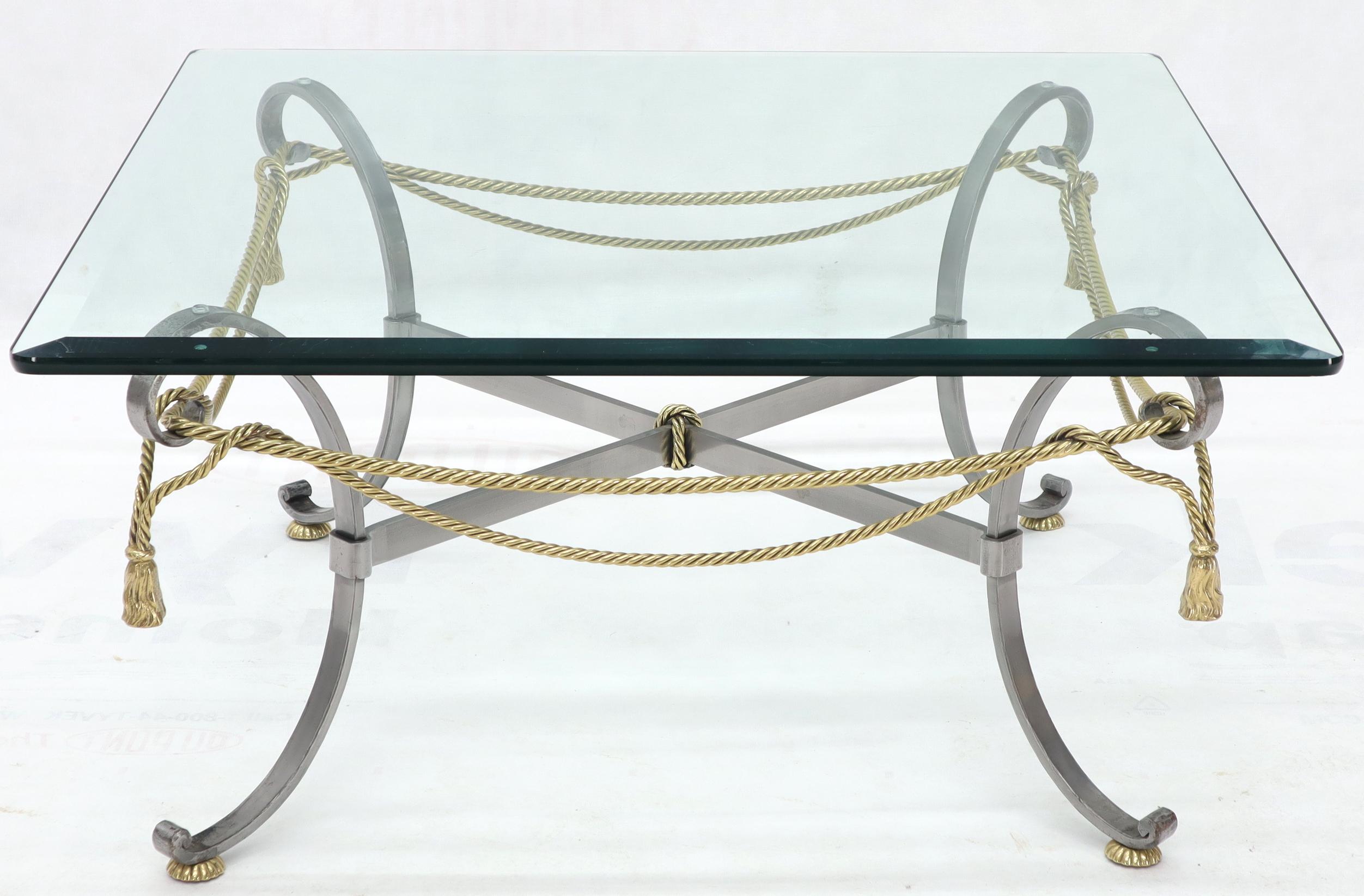 Mid-Century Modern Square Glass Top Brass Rope and Tassel Decorated Coffee Table