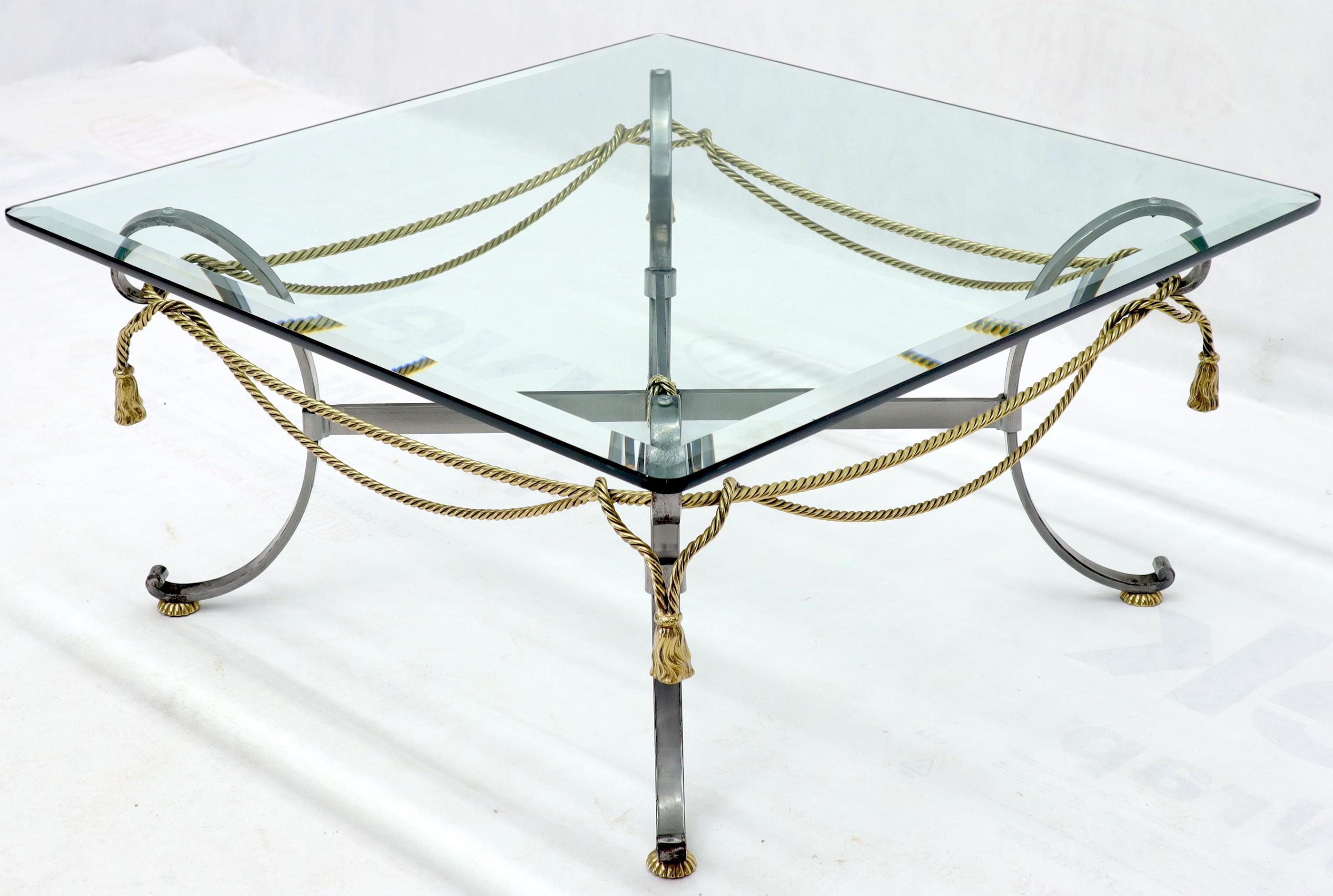 Square Glass Top Brass Rope and Tassel Decorated Coffee Table In Good Condition In Rockaway, NJ