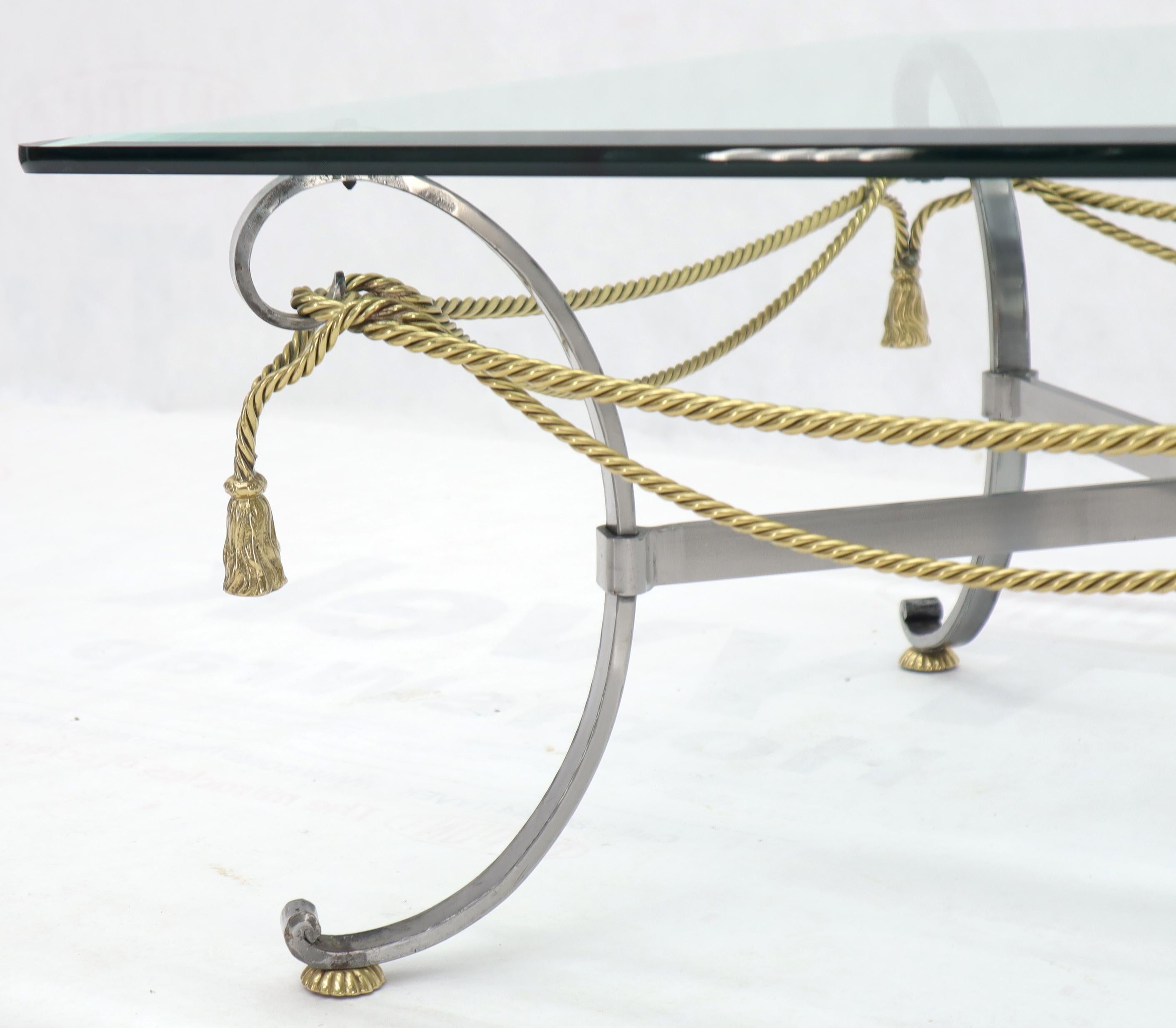 20th Century Square Glass Top Brass Rope and Tassel Decorated Coffee Table