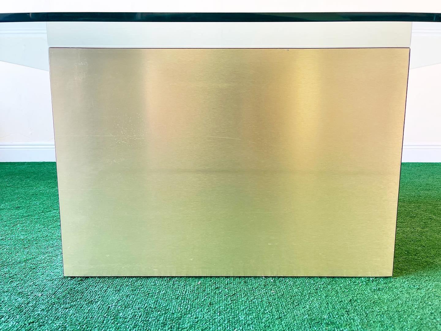 Square Glass Top Coffee Table with Brass over Wood Cubic Base 3