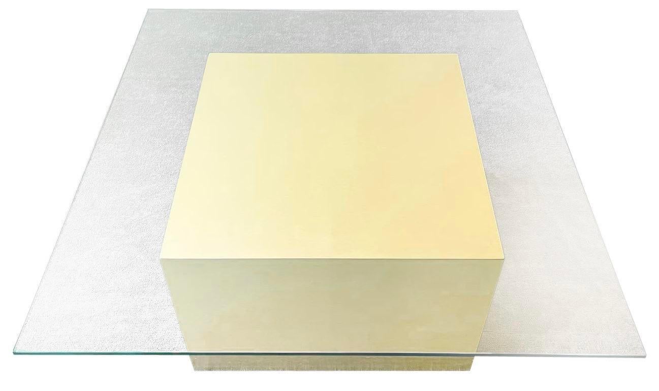 Square Glass Top Coffee Table with Brass over Wood Cubic Base In Good Condition In Delray Beach, FL