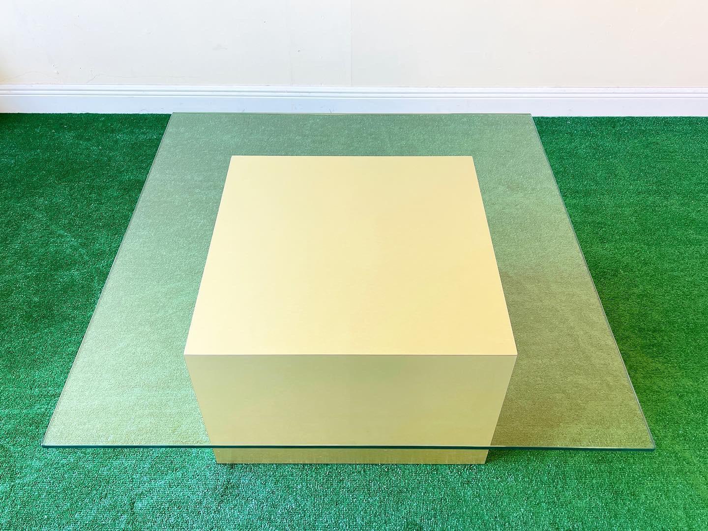 Metal Square Glass Top Coffee Table with Brass over Wood Cubic Base