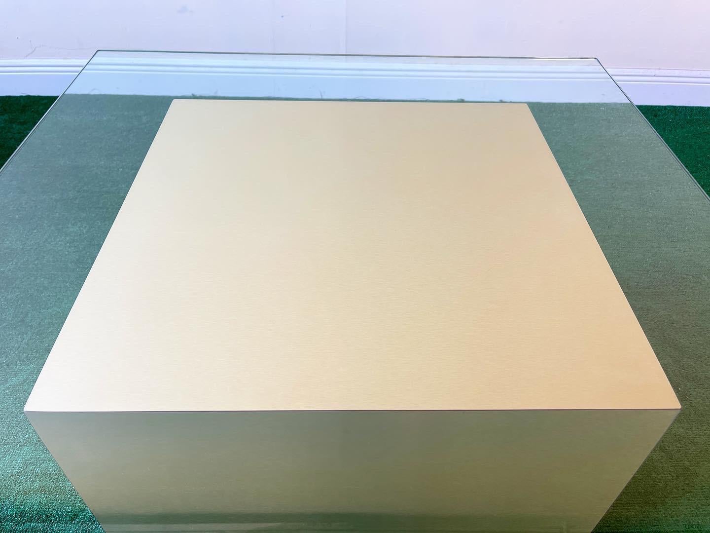 Square Glass Top Coffee Table with Brass over Wood Cubic Base 1