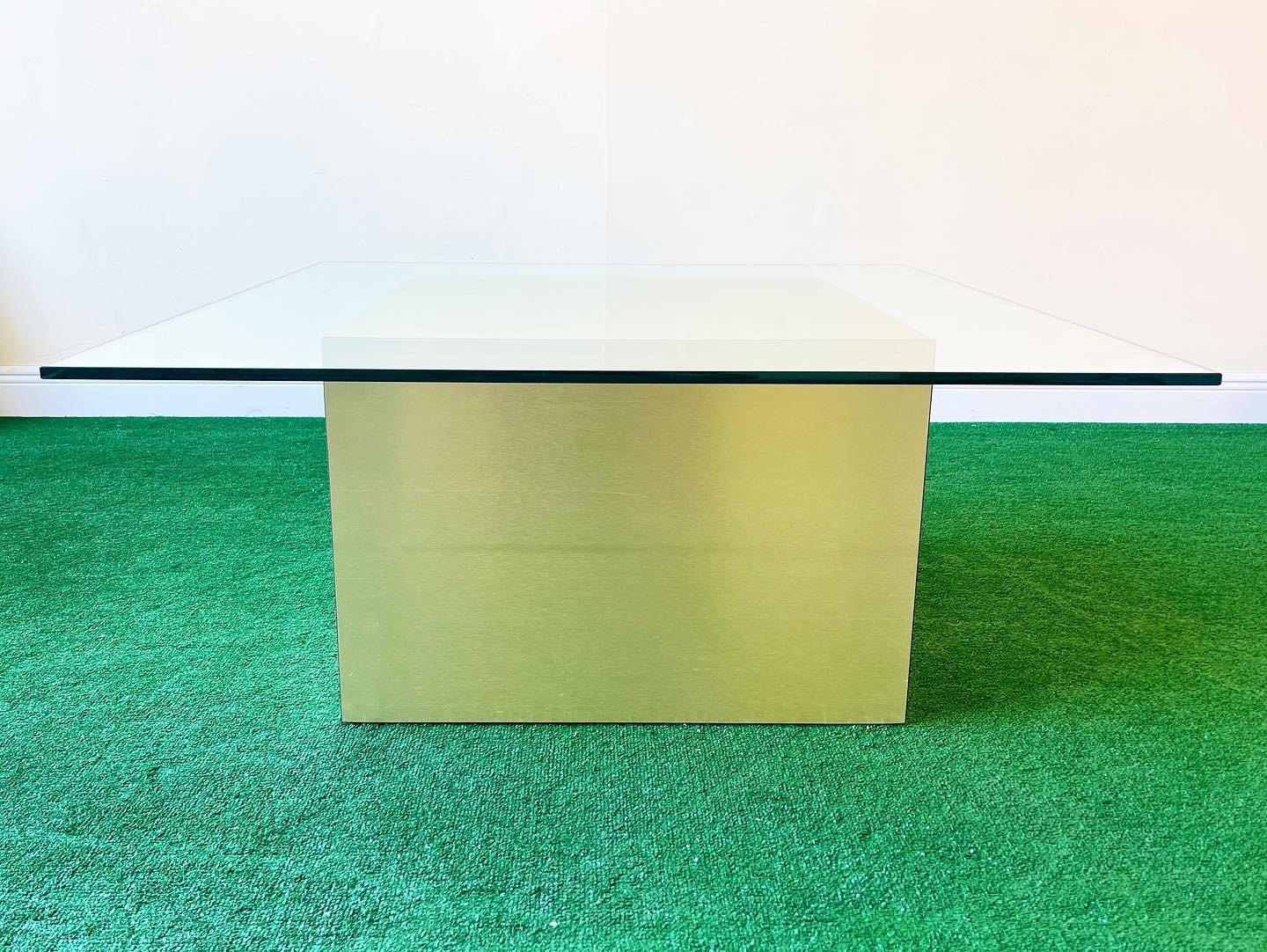 Square Glass Top Coffee Table with Brass over Wood Cubic Base 2