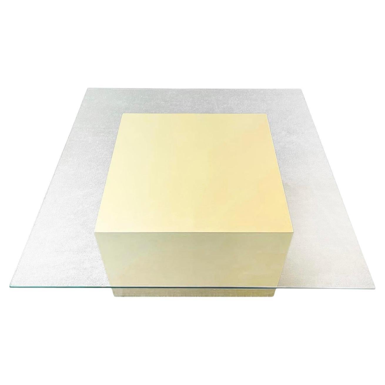Square Glass Top Coffee Table with Brass over Wood Cubic Base