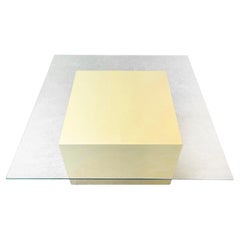 Square Glass Top Coffee Table with Brass over Wood Cubic Base