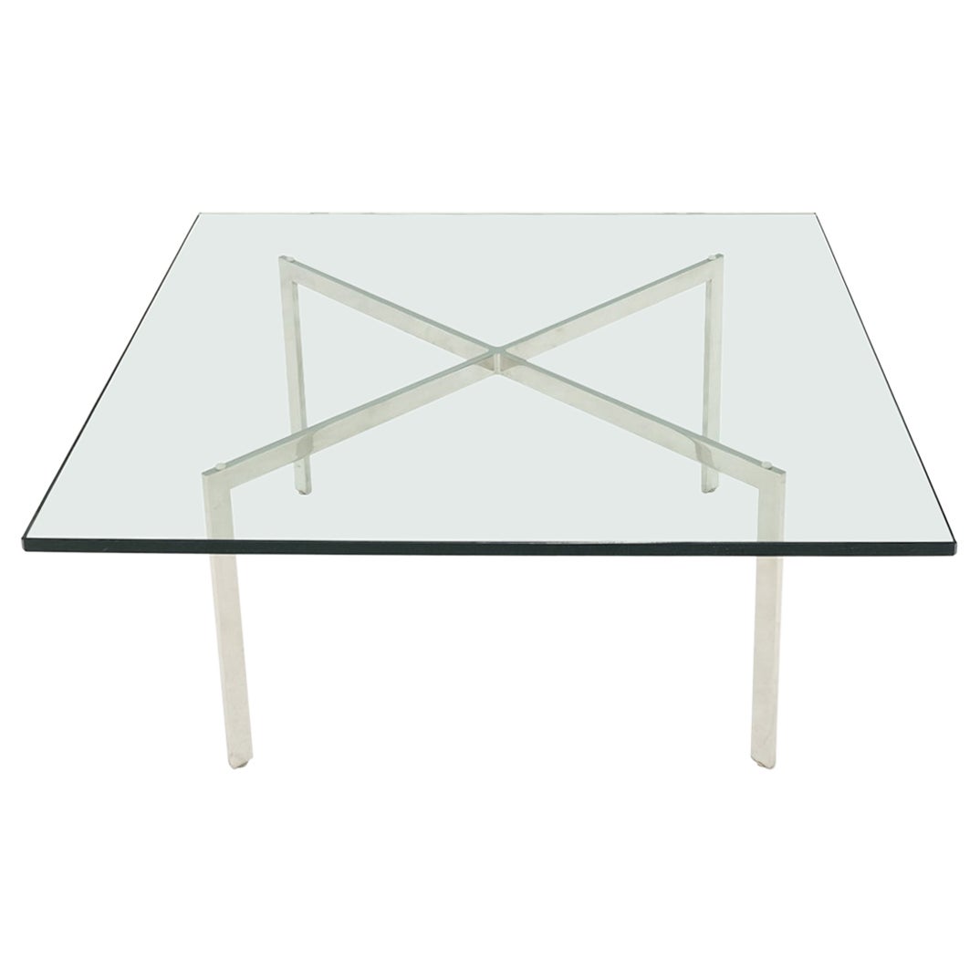 Table basse Barcelona avec plateau carré en verre et base en acier inoxydable style Bauhaus
