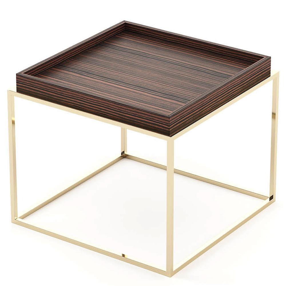 Portuguese Square Gold Legs Side Table with Matte Wooden Top For Sale