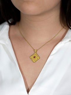 Square Gold Pendant with Pink Sapphires and Diamond