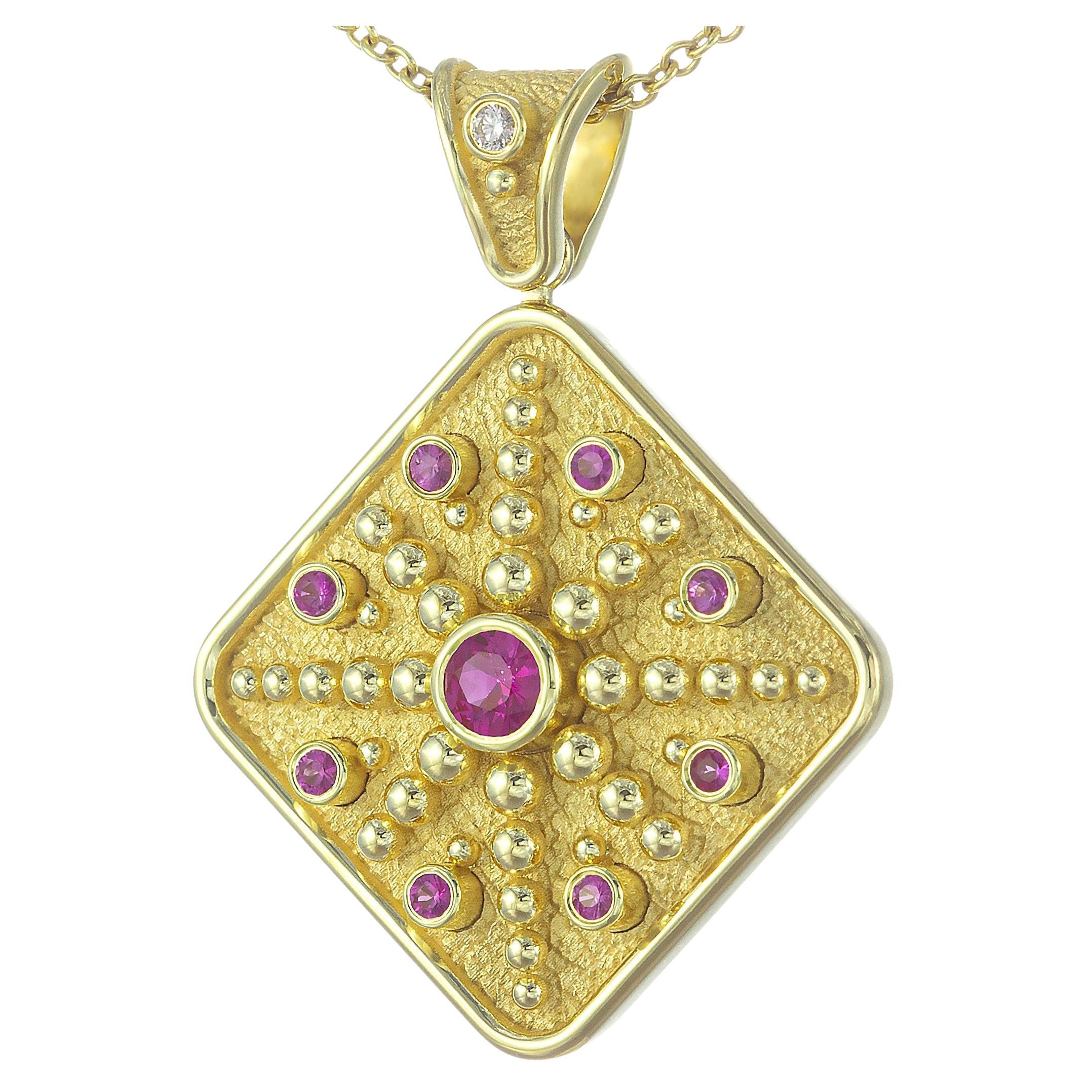Square Gold Pendant with Pink Sapphires and Diamond