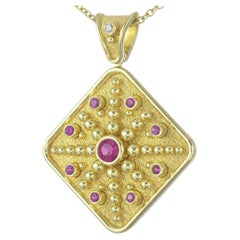 Square Gold Pendant with Pink Sapphires and Diamond Square Gold Pendant with Pink Sapphires and Diamond