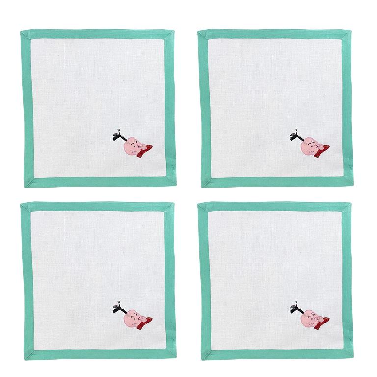 A beautiful chinoiserie tablecloth and a set of four matching napkins. Sure to bring that little touch of chinoiserie which every room needs. Each piece is framed in a lovely mint green fabric border. The napkins showcase a Chinese boy at each