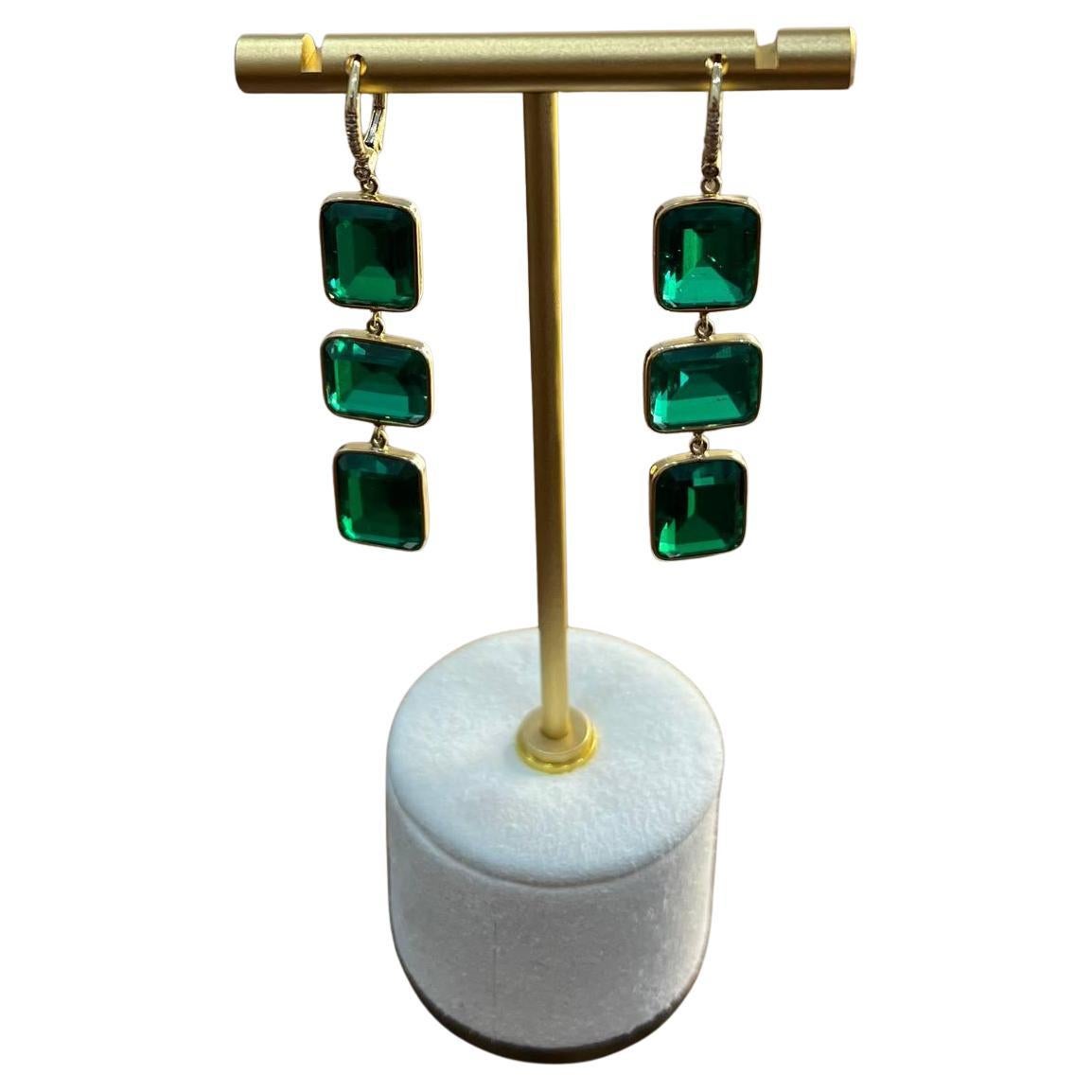 Square Green Emerald Doublet 14K Yellow Gold Drop Statement Dangling Earrings