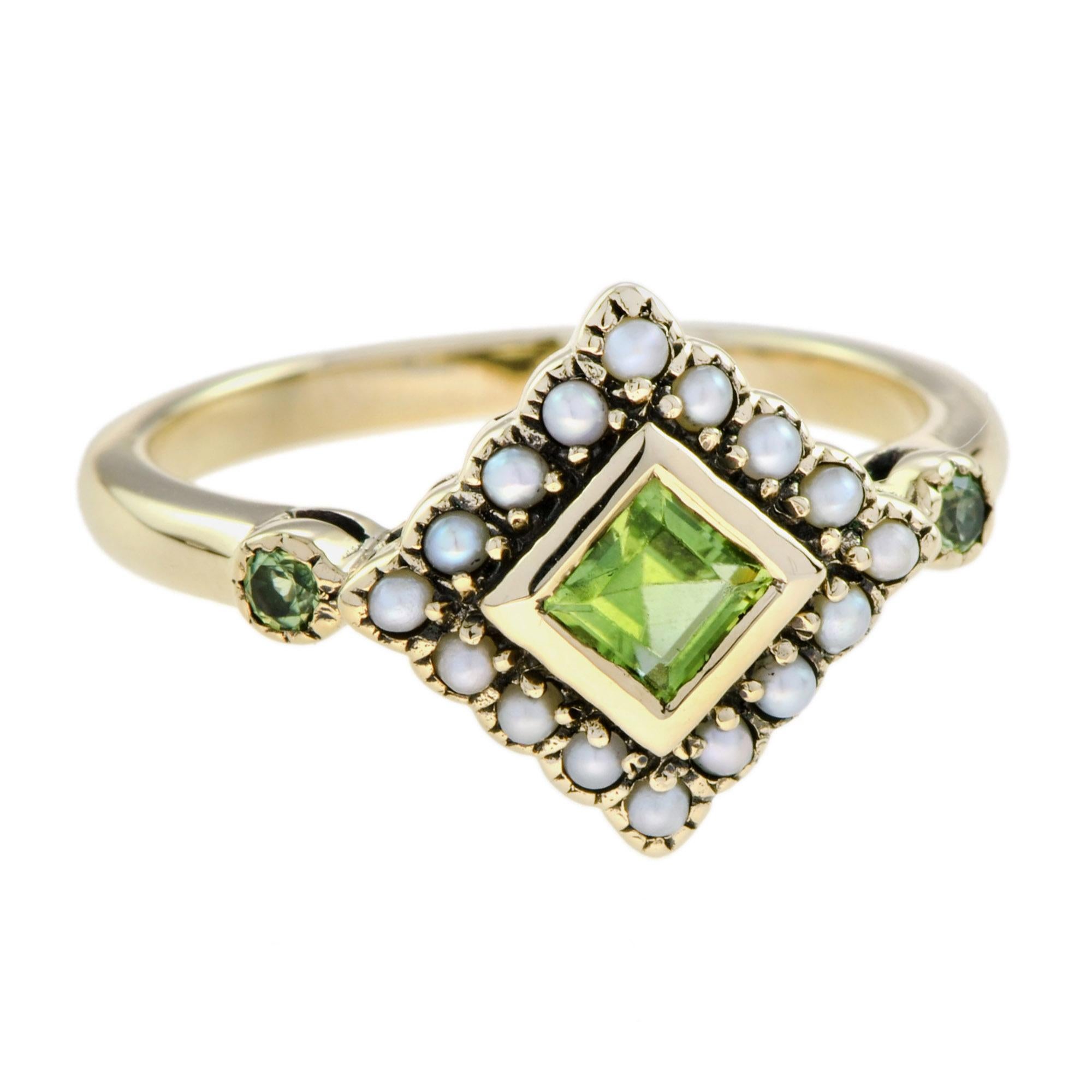 A lovely halo ring for anyone who loves vintage-inspired jewelry. Made of peridot set on 9k yellow gold. The center square peridot is surrounded by sixteen pearls and one peridot on each shoulder makes this a perfect finishing touch to a special
