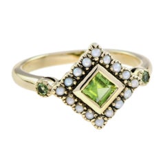 Square Green Peridot & Pearl Halo Set Vintage Style 9K Yellow Gold Ring