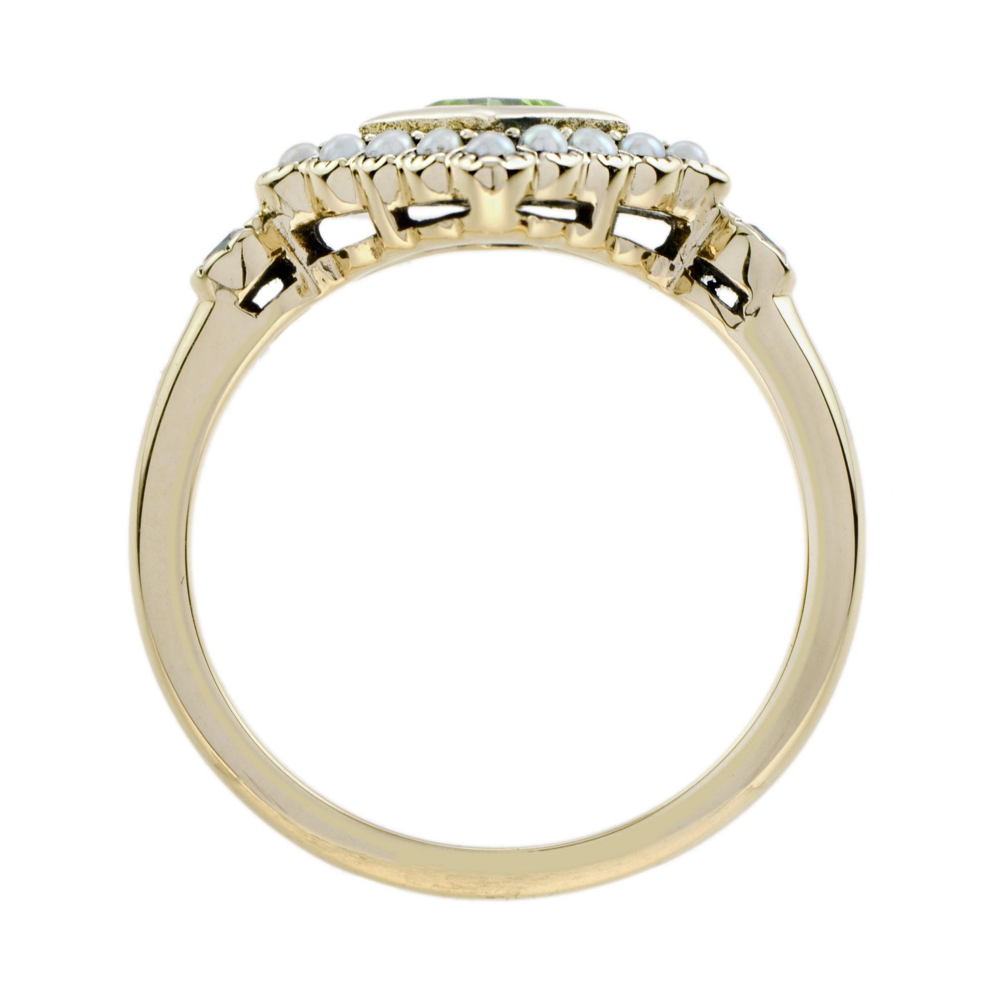 Women's Square Green Peridot & Pearl Halo Set Vintage Style 9K Yellow Gold Ring For Sale