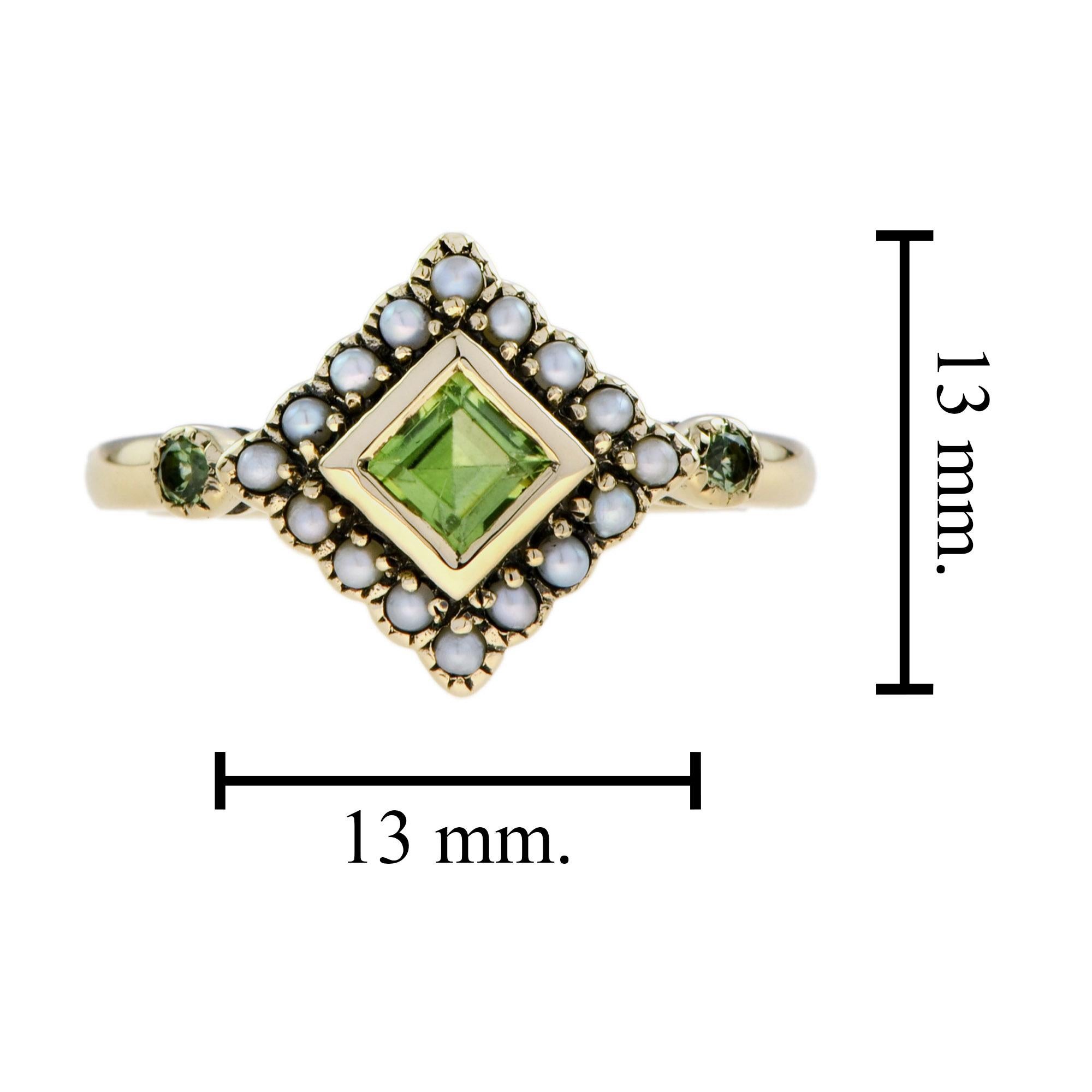Square Green Peridot & Pearl Halo Set Vintage Style 9K Yellow Gold Ring For Sale 2