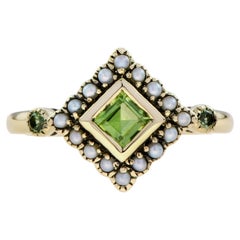 Square Green Peridot & Pearl Halo Set Vintage Style 9K Yellow Gold Ring