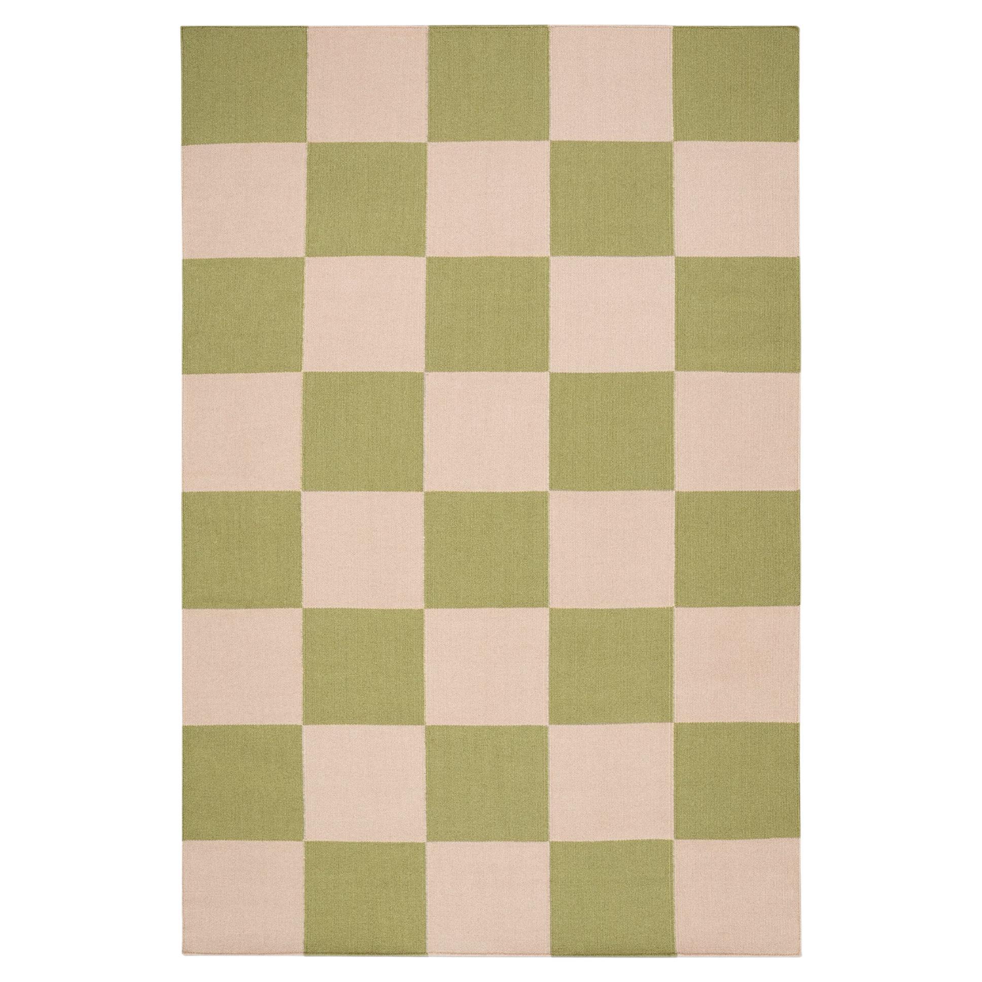 Square Green/Pink Dhurrie/Kilim Rug in Scandinavian Design For Sale