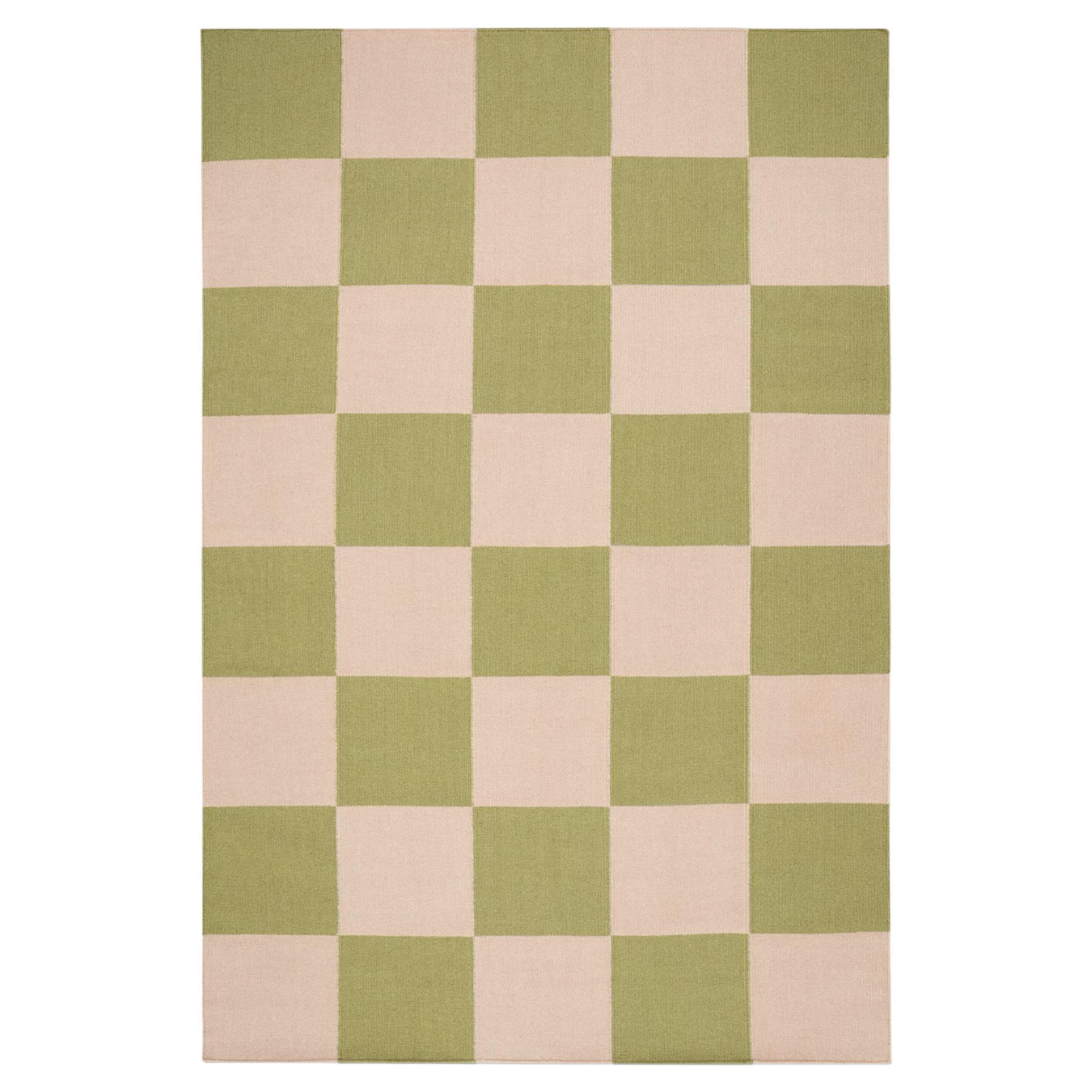 Square Green/Pink Dhurrie/Kilim Rug in Scandinavian Design