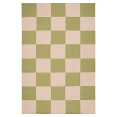 Square Green/Pink Dhurrie/Kilim Rug in Scandinavian Design