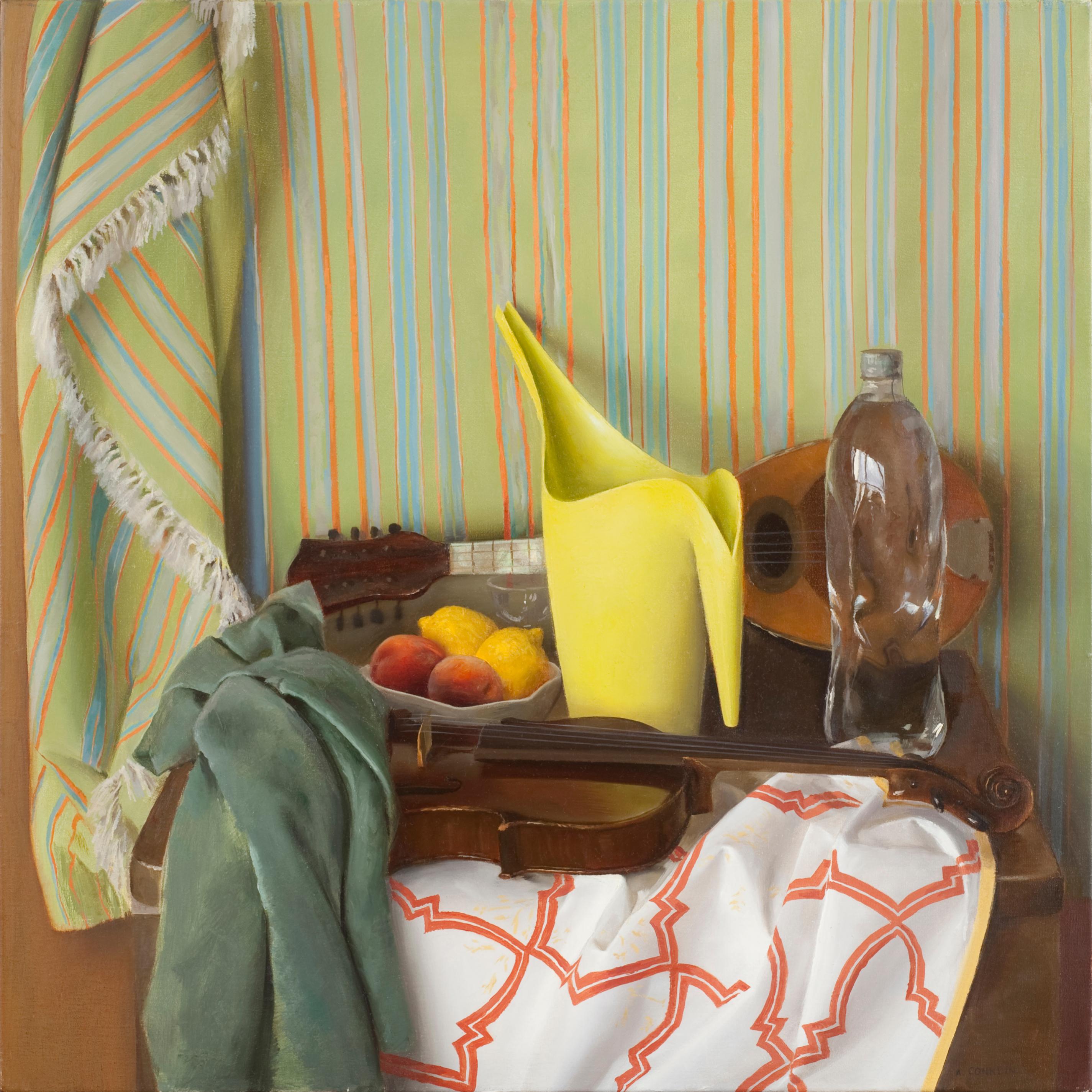 This still life painting on canvas captures a variety of objects. Among the objects depicted are: Guitar, violin, bowl of peaches and lemons, Ikea pitcher, bottled water, and a printed fabric background. These masterfully painted objects create a