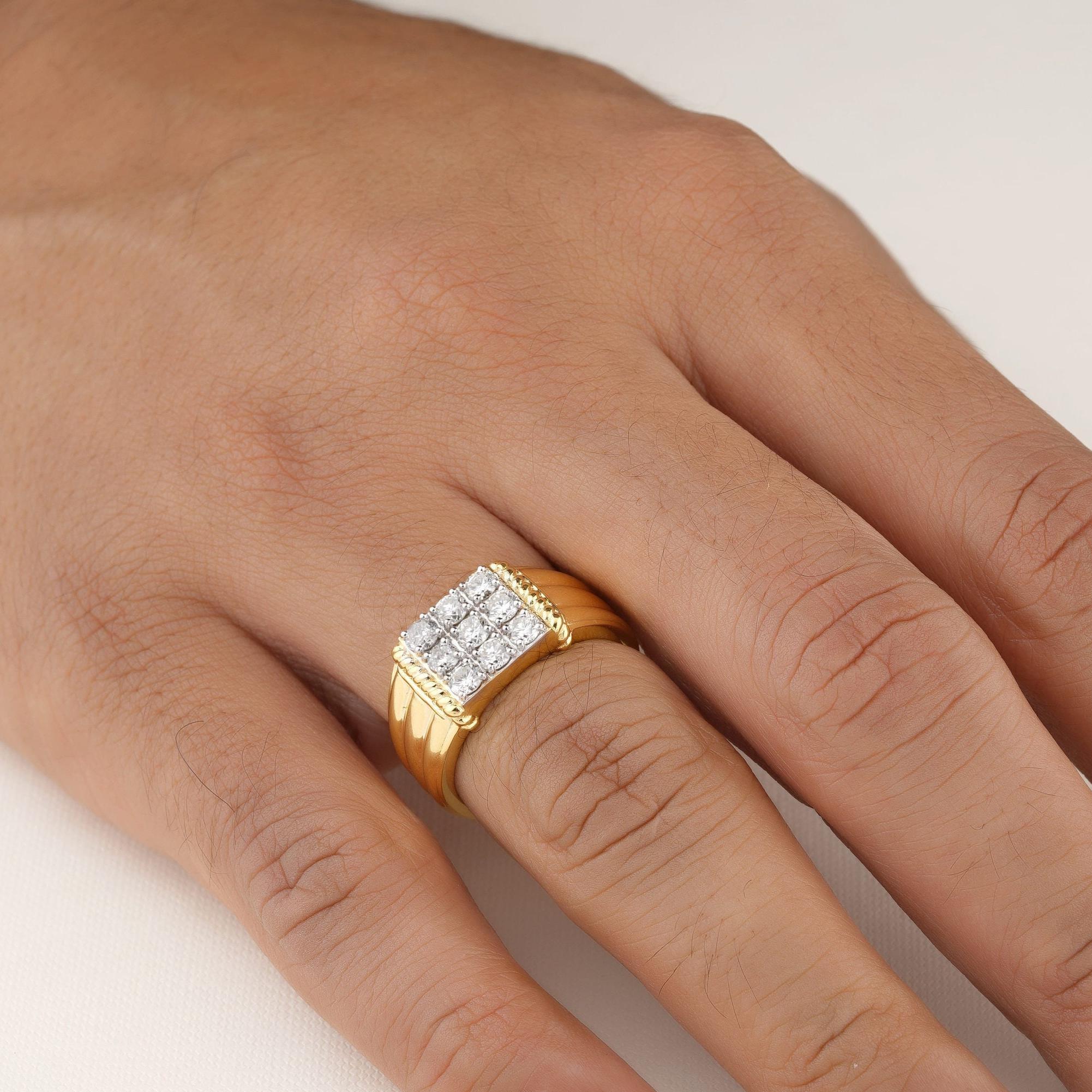 Art Deco Square Grid Men's Diamond Ring in 14k Solid Gold (Certified) For Sale