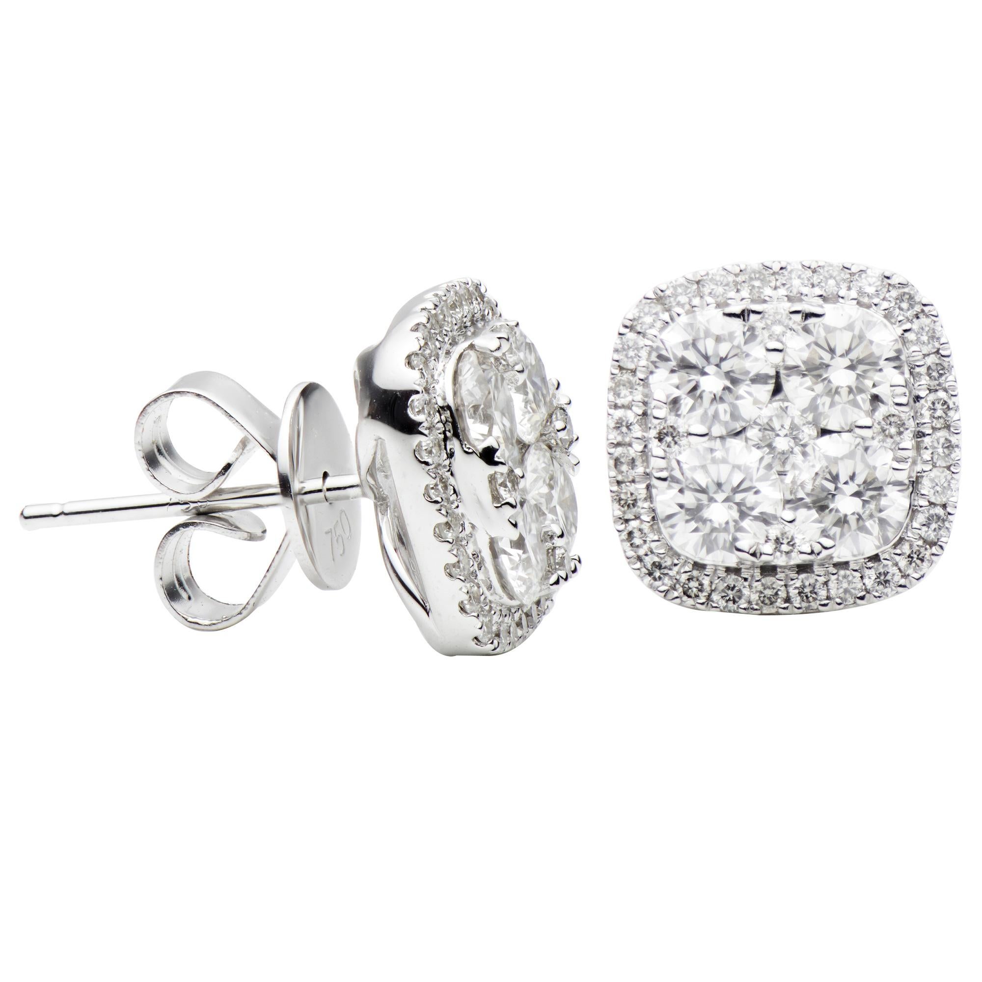These stunning diamond earrings are made of 8D, 1.49ct and 66D, 0.37ct round SI, H color diamonds; and create a beautiful 10.5 mm square-shaped earring with a halo. There is a total of 1.86 carat diamonds with 2.7 grams of 14 karat white gold. These