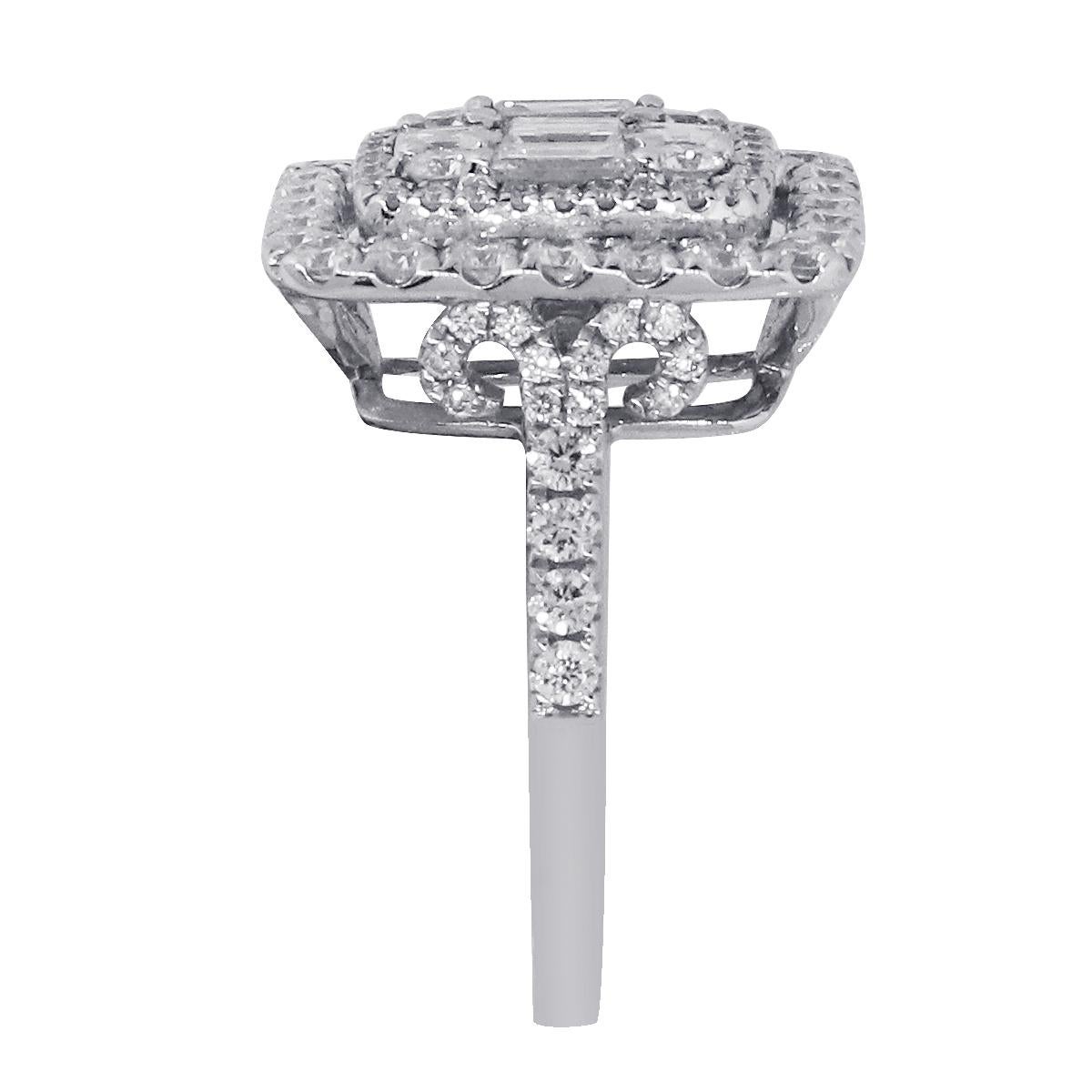 Material: 18k White Gold 
Diamond Details: (Total of 116 diamonds) Approximately 1.44ctw round brilliant diamonds. (Total of 5 diamonds) that are Approximately 1.04ctw Baguette cut. Diamonds are G/H in color and VS in clarity.
Ring Size: 6.5
Total